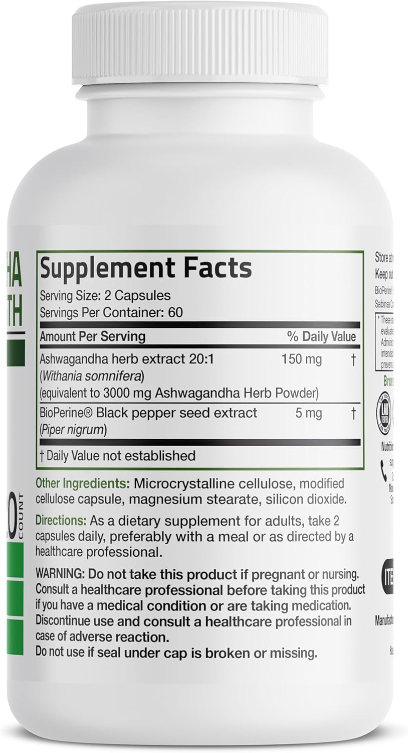 Bronson Ashwagandha Extra Strength Stress & Mood Support with BioPerine - Non GMO Formula, 120 Vegetarian Capsules THORNE