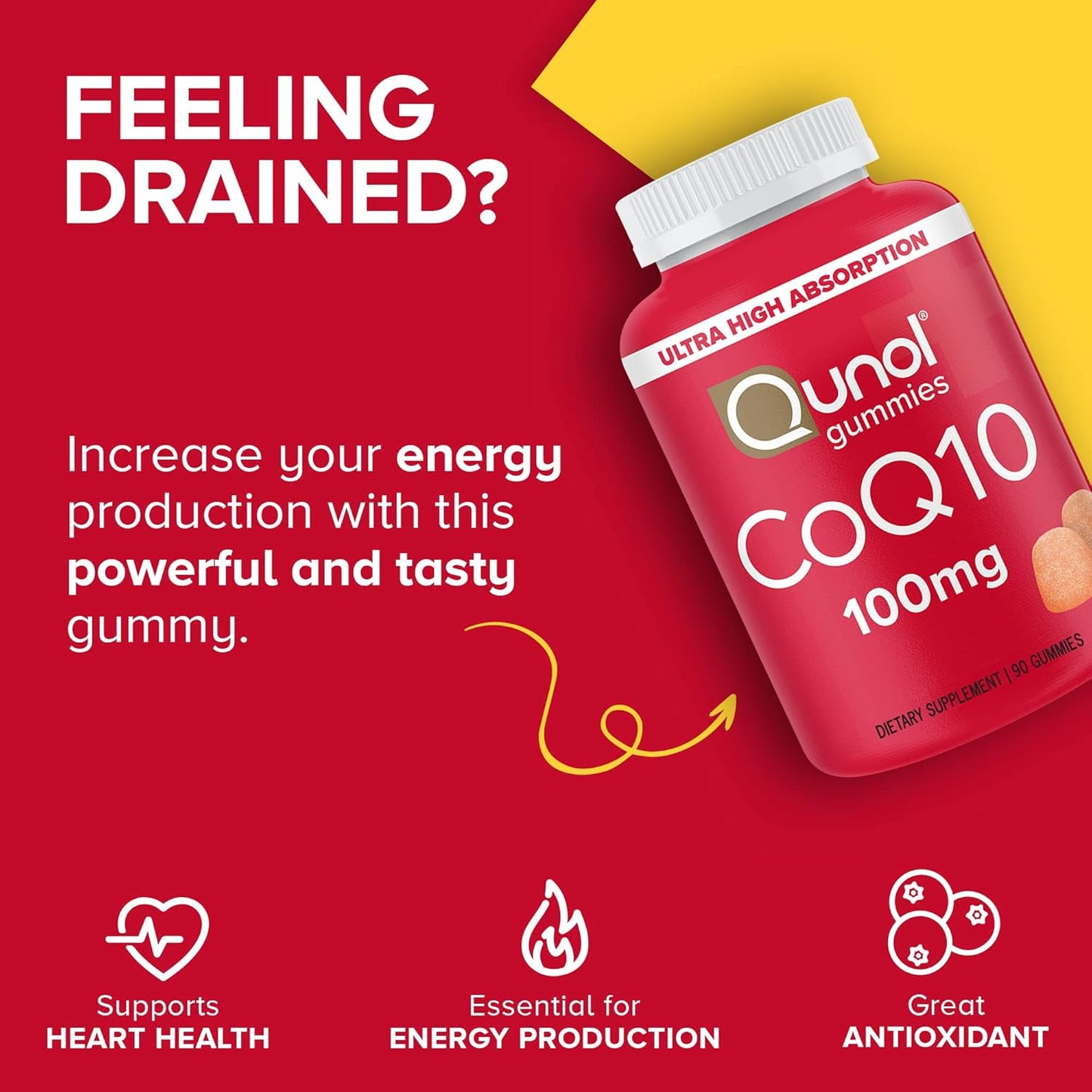 Qunol CoQ10 100mg, Delicious Gummy Supplements, Coenzyme Q10 Helps Support Heart Health, Vegan, Gluten Free, Ultra High Absorption - 90 Count