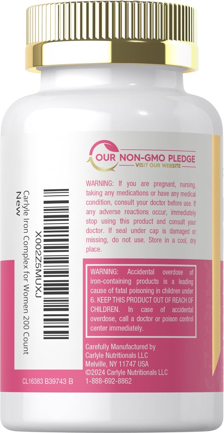 CARLYLE Iron Supplement for Women 45mg | 200 Tablets | Vegetarian, Non-GMO, Gluten Free, Slow Release Pills
