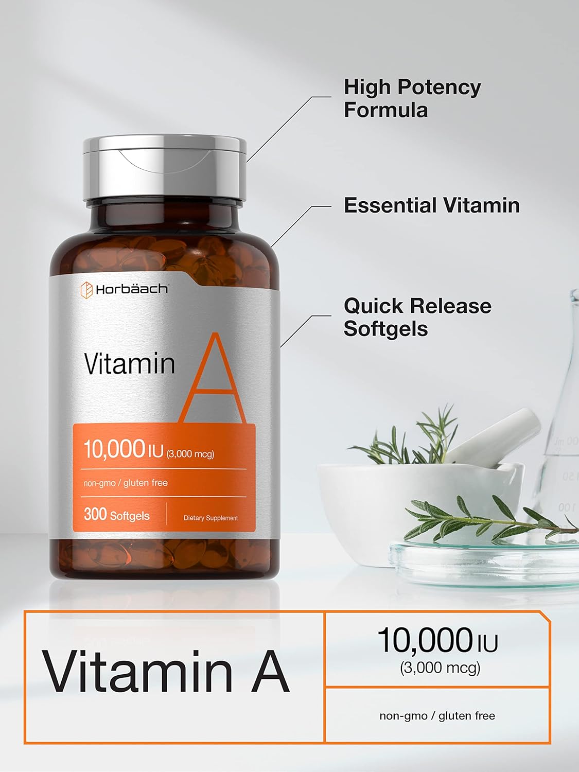 Horbaach Vitamin A 10000 IU Softgels | 300 Count | Non-GMO, Gluten Free Supplement | by Horbaach