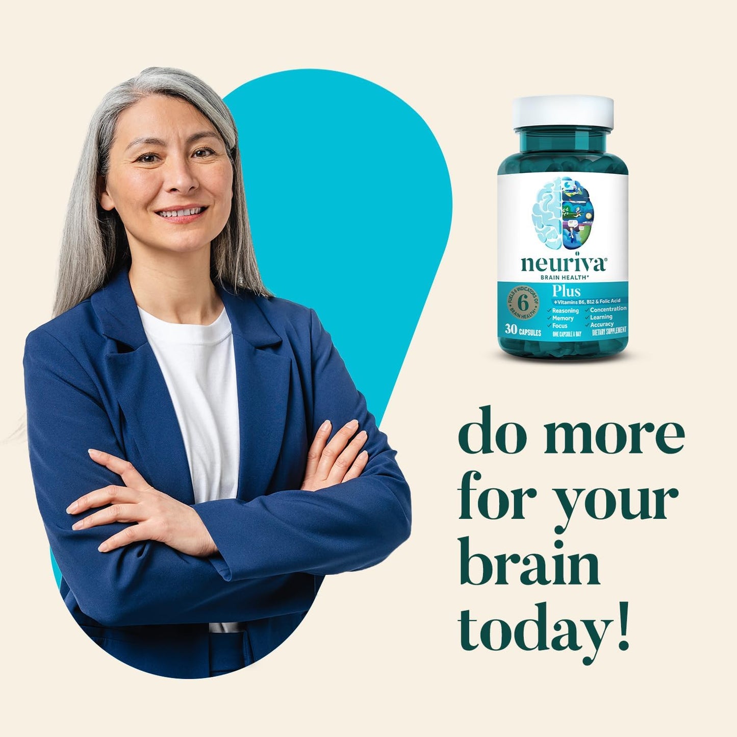 NEURIVA Plus Vegetarian Brain Supplement For Memory, Focus & Concentration + Cognitive Function, Vitamins B6 & B12 and Clinically Tested Nootropics Phosphatidylserine and Neurofactor, 30ct Capsules