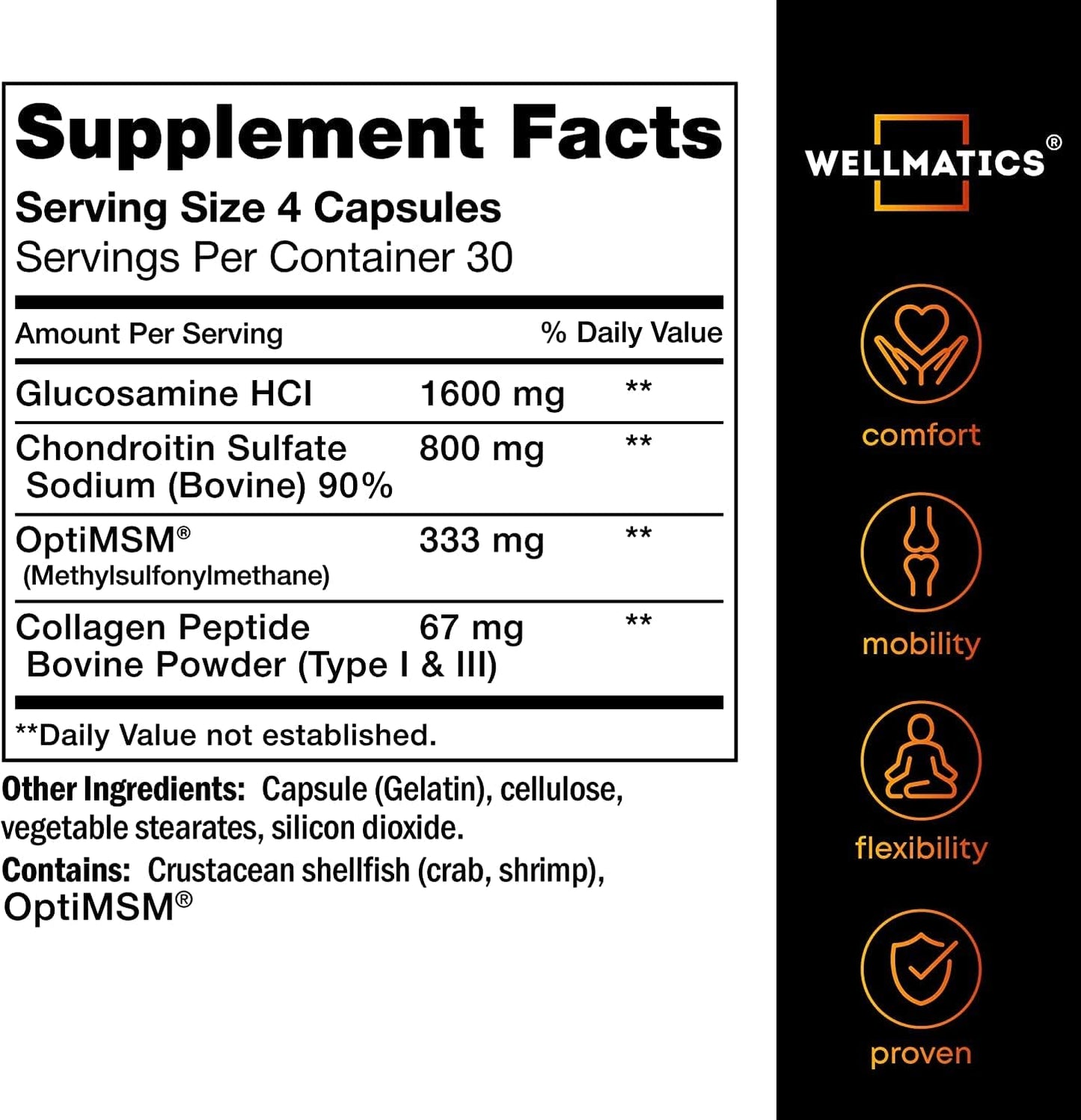 WELLMATICS Glucosamine Chondroitin with MSM & Collagen - Made in USA - Natural Joint Support Supplement - Triple Action for Joint Health - Joint Discomfort Relief for Back, Knees, Hands - 120 Capsules