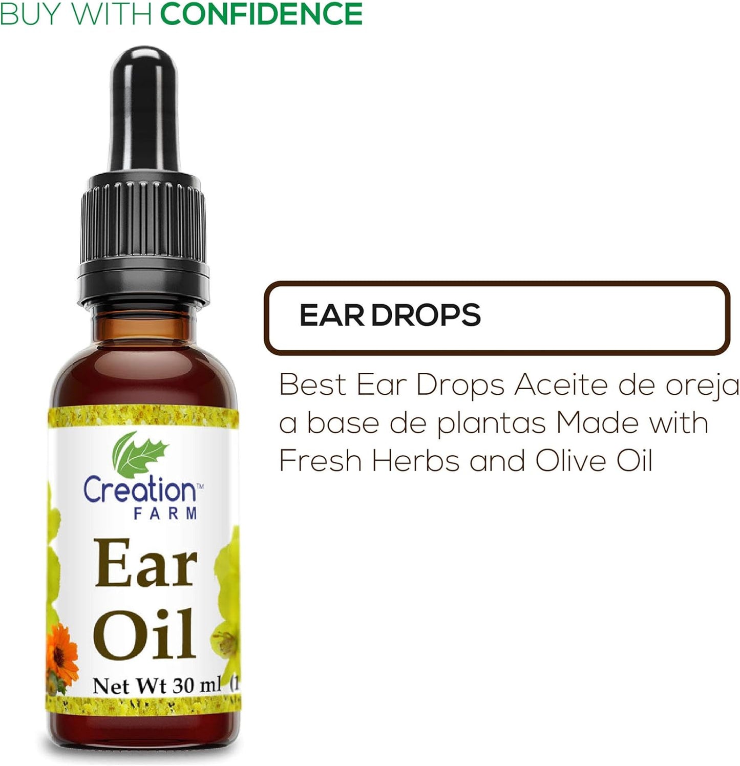 Creation Farm Ear Oil Drops with Mullein, Calendula, St Johns Wort, All Natural Herbal Relief for Earwax Removal, Earache Soothing, Itchy Irritated, Clogged or Dry Ears Made in USA