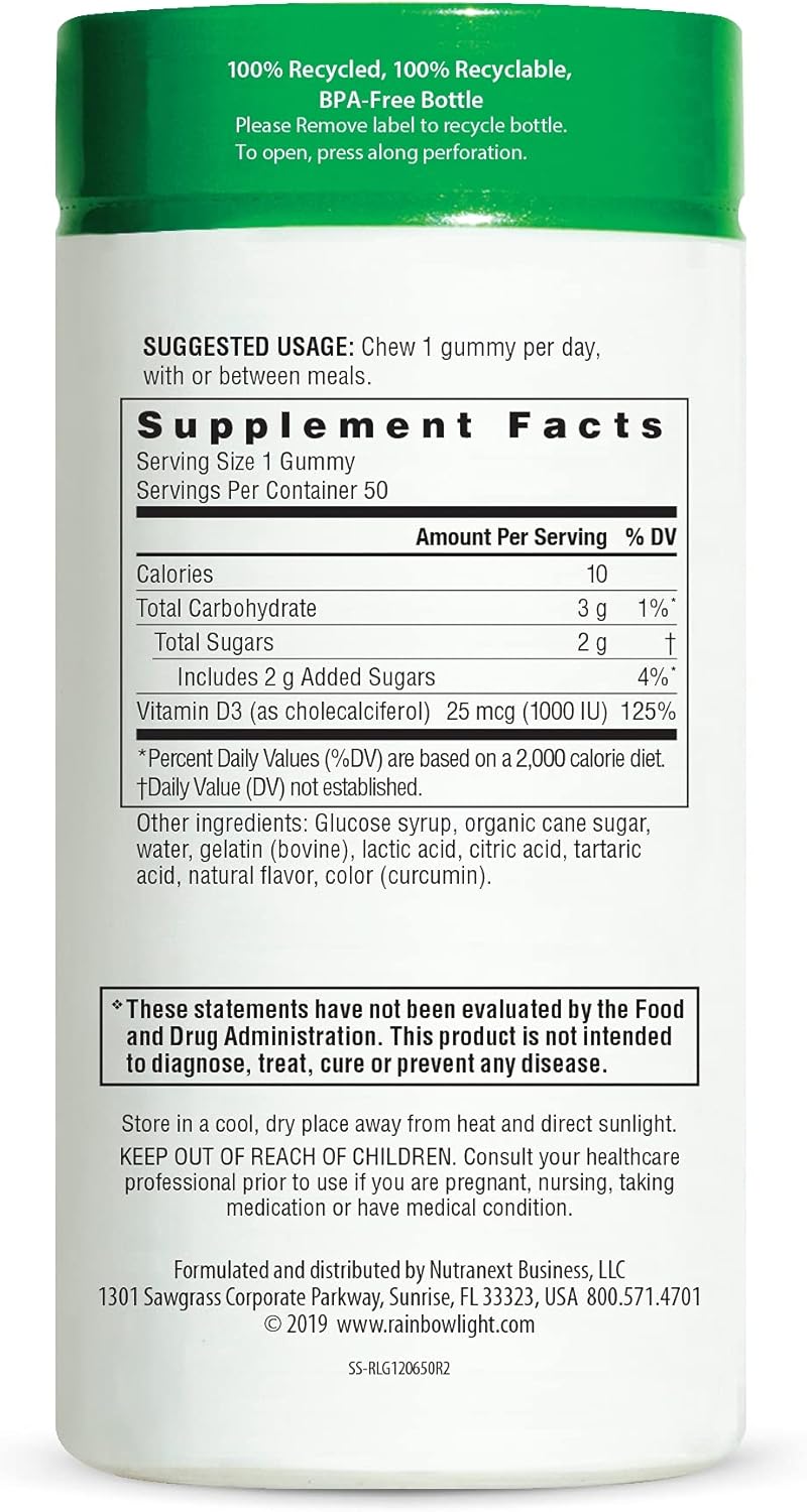 Rainbow Light D Gummies, Sunny Gummies, Vitamin D3 1,000 IU, Gluten Free, Protects Immune System Health, Lemon, 100 Gummies