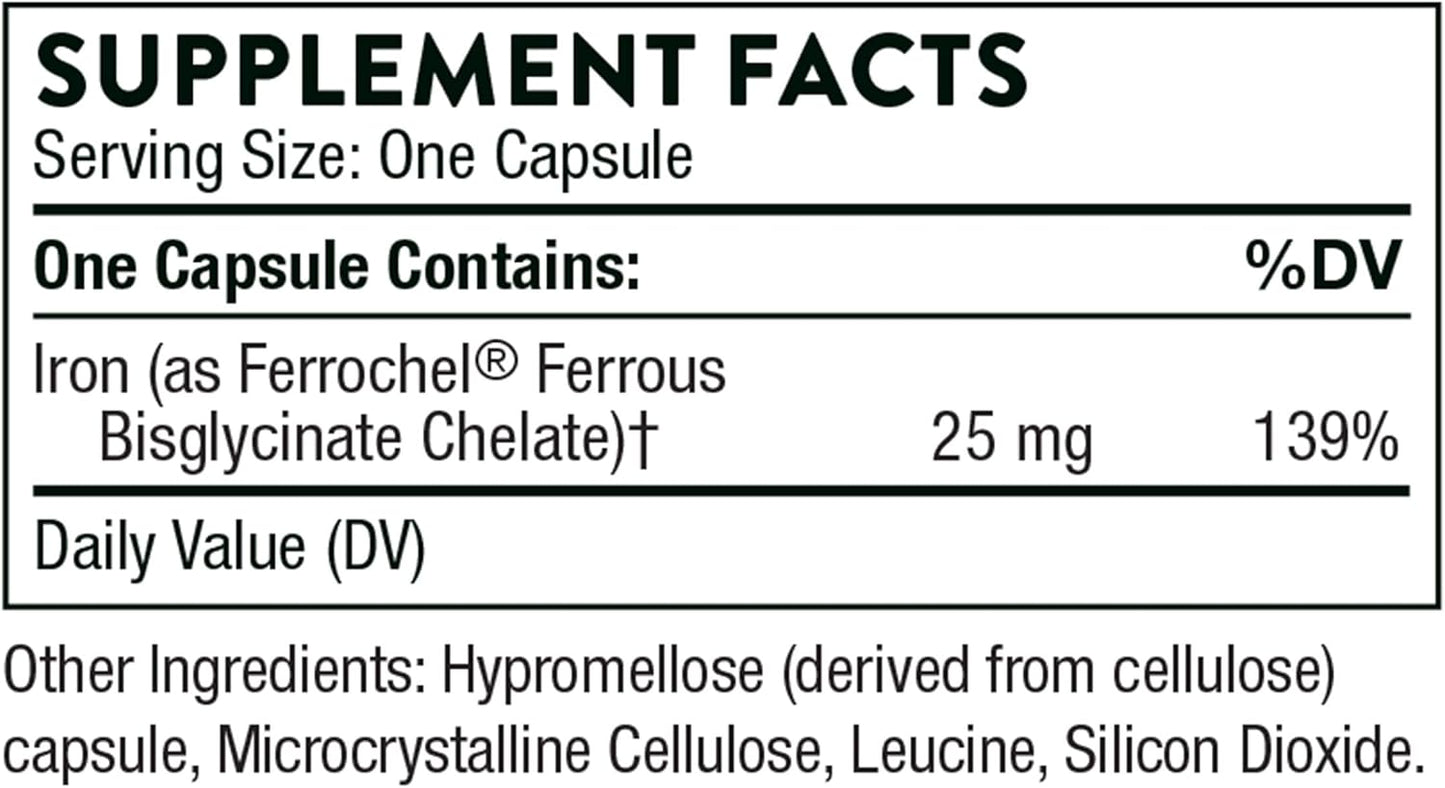 THORNE Iron Bisglycinate - 25 mg - Optimal Absorption - Support Red Blood Cell Formation - Fight Fatigue and Other Symptoms of Iron Deficiency - NSF Certified for Sport - Gluten-Free - 60 Capsules