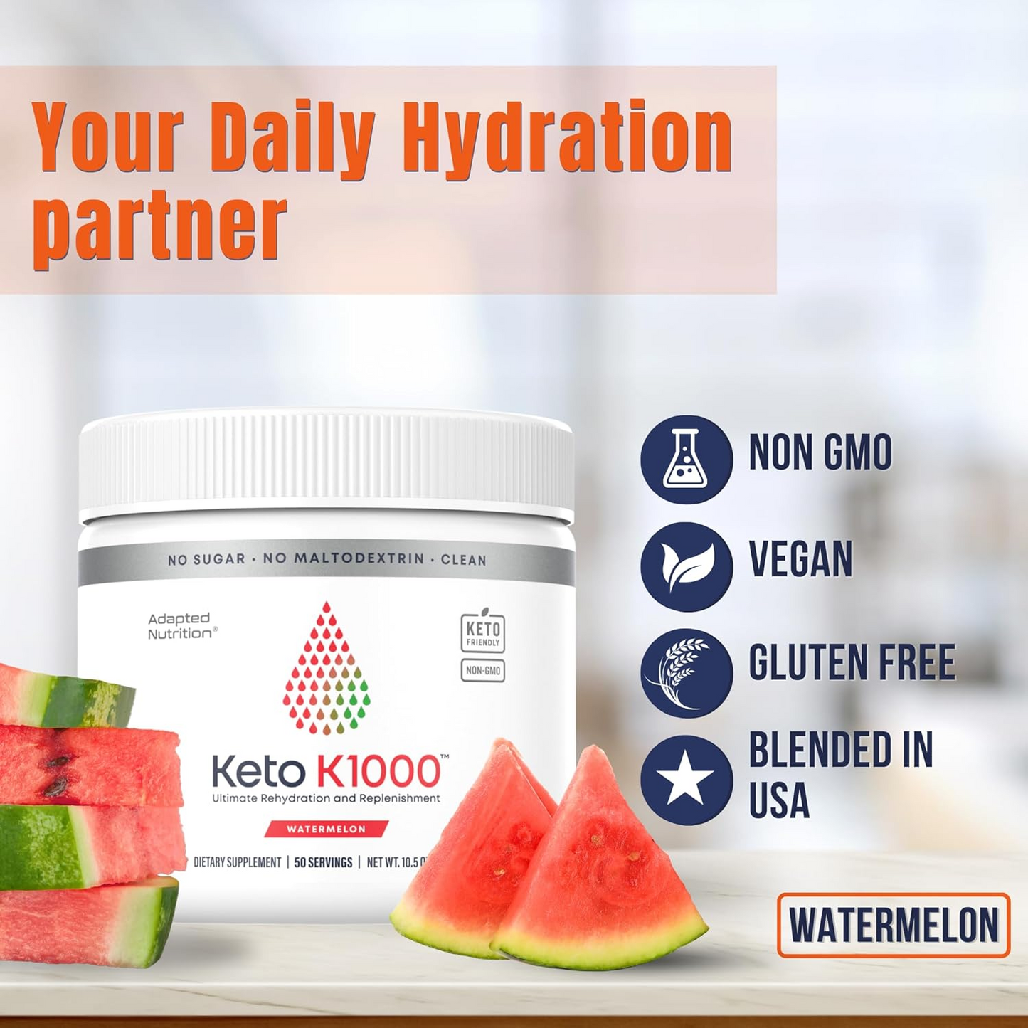 Keto K1000 Electrolyte Powder | Hydration Supplement Drink Mix | Boost Energy & Beat Leg Cramps | No Maltodextrin or Sugar | Watermelon, Lighter Stevia Taste | 50 Servings