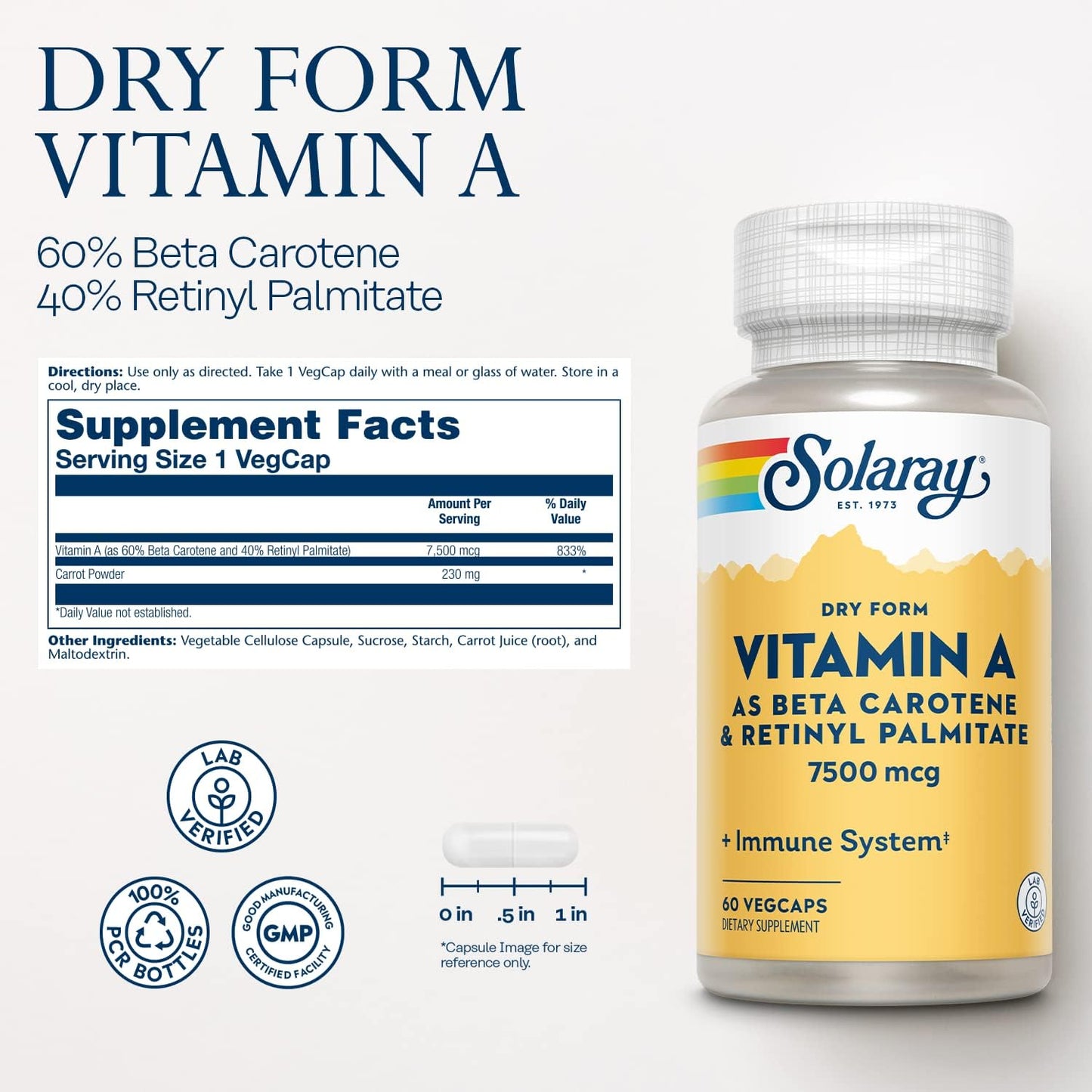 Solaray Dry Form Vitamin A 25,000 IU | Healthy Skin & Eyes, Antioxidant Activity & Immune System Function | 60 VegCaps
