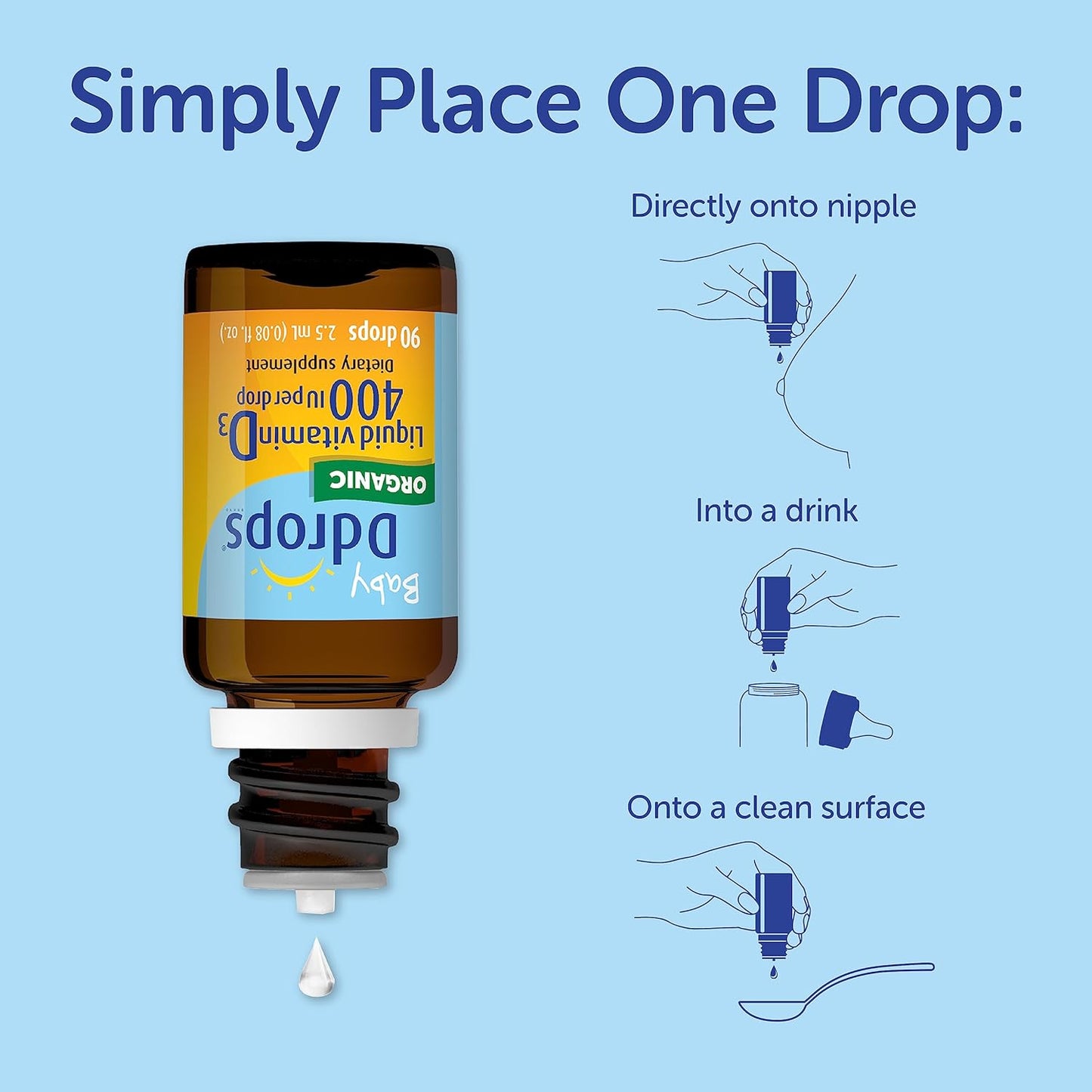 Ddrops Organic Baby 400 IU 90 Drops - Daily Vitamin D Liquid for Infants. Supports Teeth & Bone Health. No Preservatives, No Sugar, Non-GMO