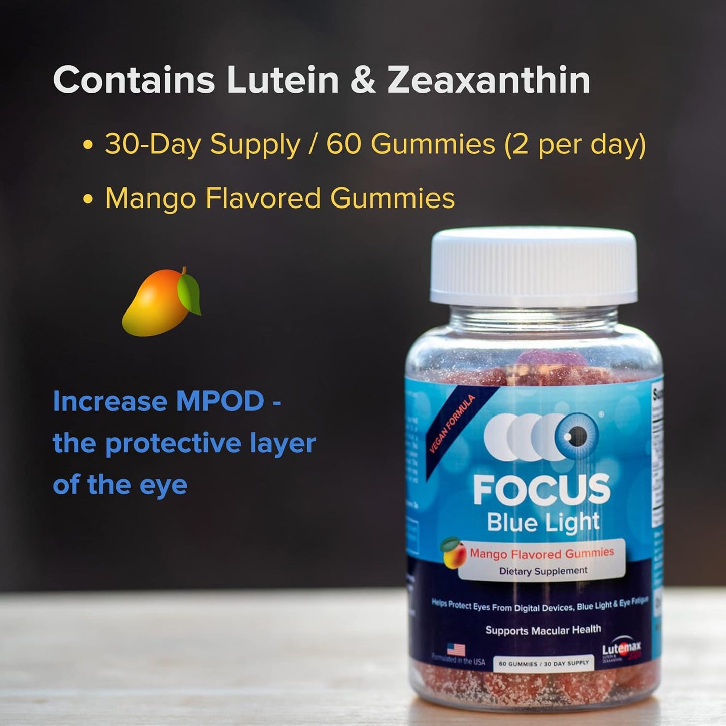 Focus Blue Light Supplement | Lutein and Zeaxanthin Supplement for Eye Health and Blue Light Protection | 60 Count Mango Flavored Gummy, 30 Day Supply | Reduces Eye Strain from Digital Devices