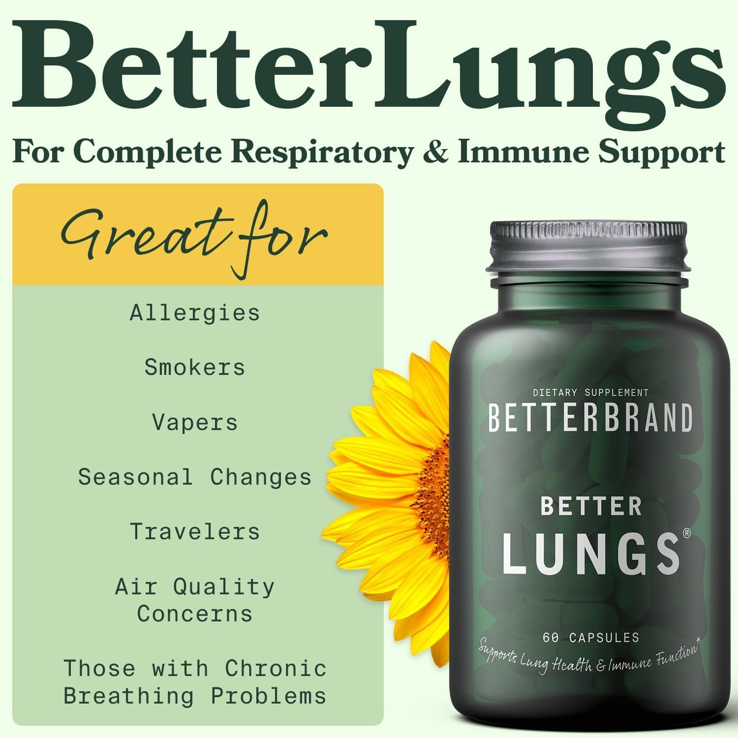 BetterLungs Daily Respiratory Health Supplement (60 Capsules) | with Vitamin D, Elderberry, Ginseng, Mullein, and Reishi Mushroom | for Lung Health, Allergy, Sinus, and Mucus Relief
