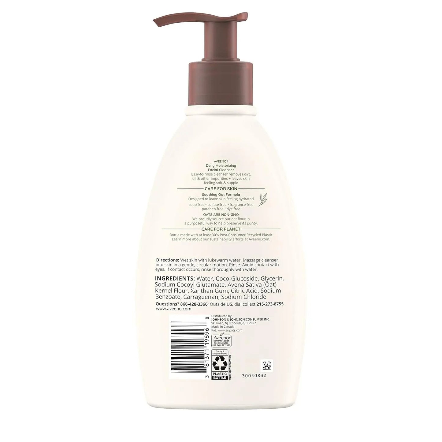 Aveeno Daily Moisturizing Face Cleanser with Soothing Oat, Easy-to-Rinse Cleanser Removes Dirt, Oil & Other Impurities & Leaves Skin Feeling Soft & Supple, Fragrance-Free, 12 fl. oz Aveeno