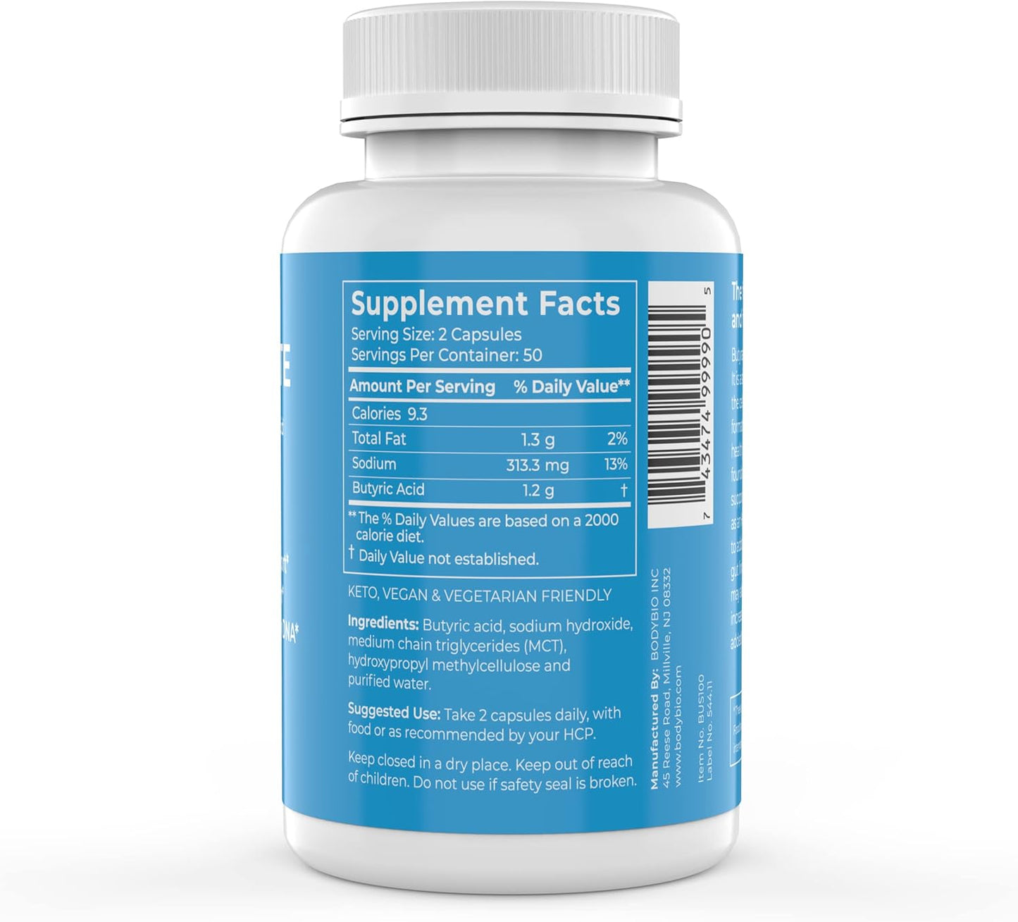 BodyBio Gut Health Supplement 100 Caps - Butyrate + Sodium | The Ultimate Postbiotic | No Bloating | No Gas | Great Poops | Supports Healthy Digestion | Leaky Gut Repair | No Additives