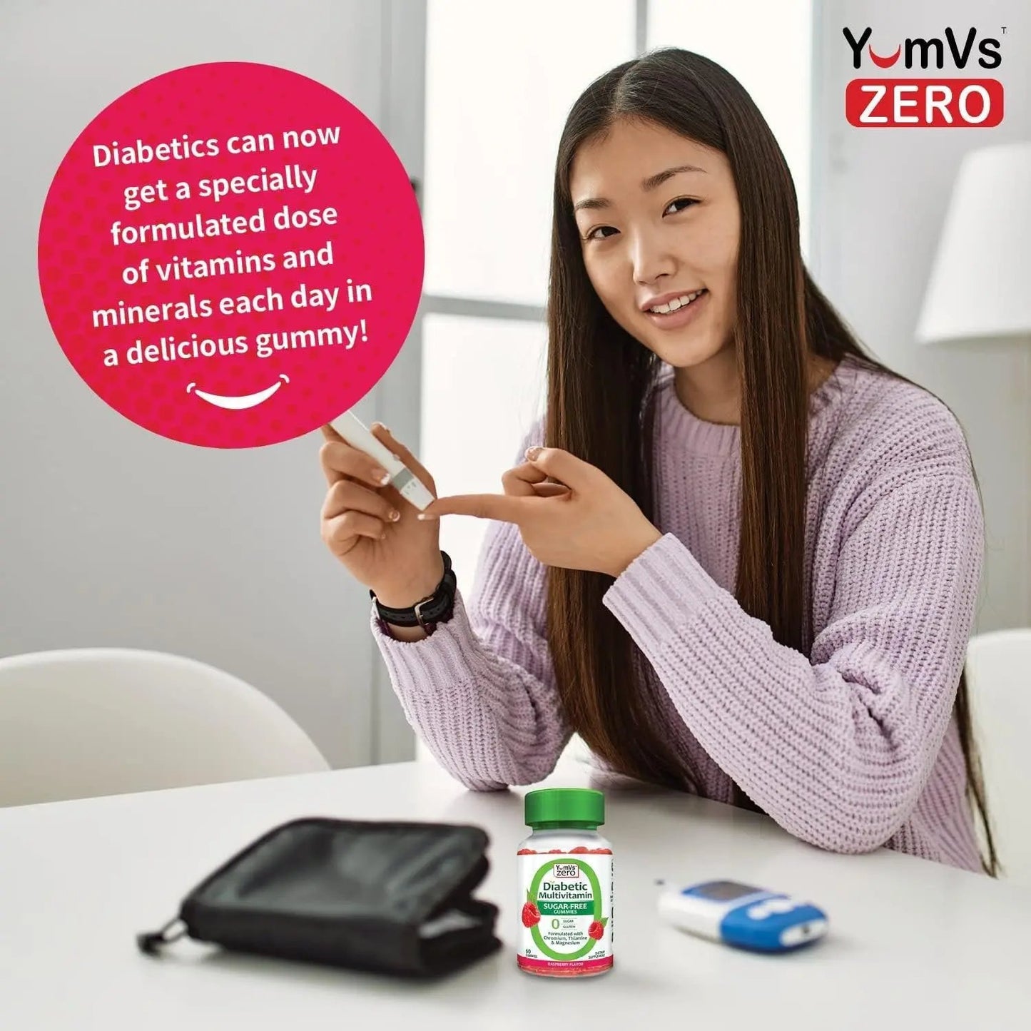 YumVs Diabetic Multivitamin Gummies | Sugar Free Diabetes Supplement Vitamins for Women & Men | Chromium, Thiamine and Magnesium | Natural Raspberry Flavor Chewables - 60 Count YUM-V'S