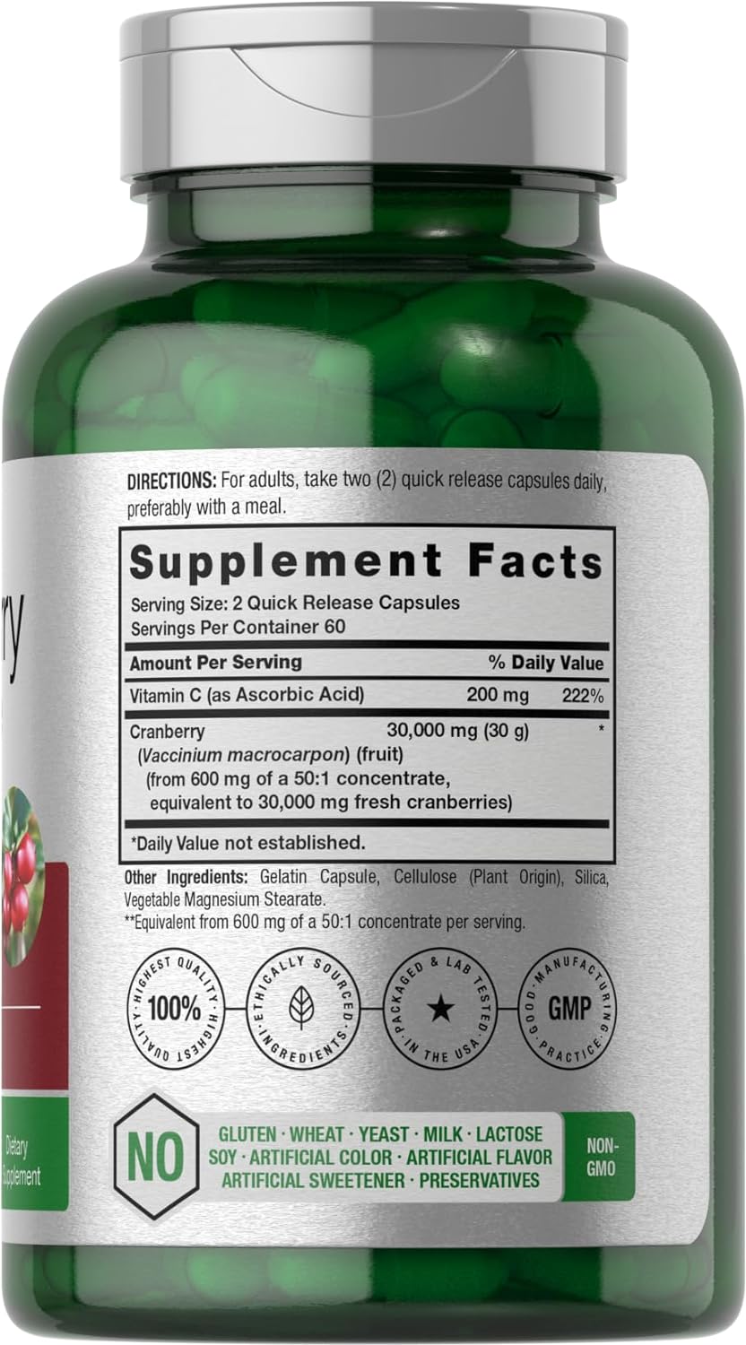 Horbäach Cranberry Concentrate Extract + Vitamin C | 15,000mg | 250 Capsules | Triple Strength Ultimate Potency Formula | Non-GMO and Gluten Free Cranberry Pills Supplement
