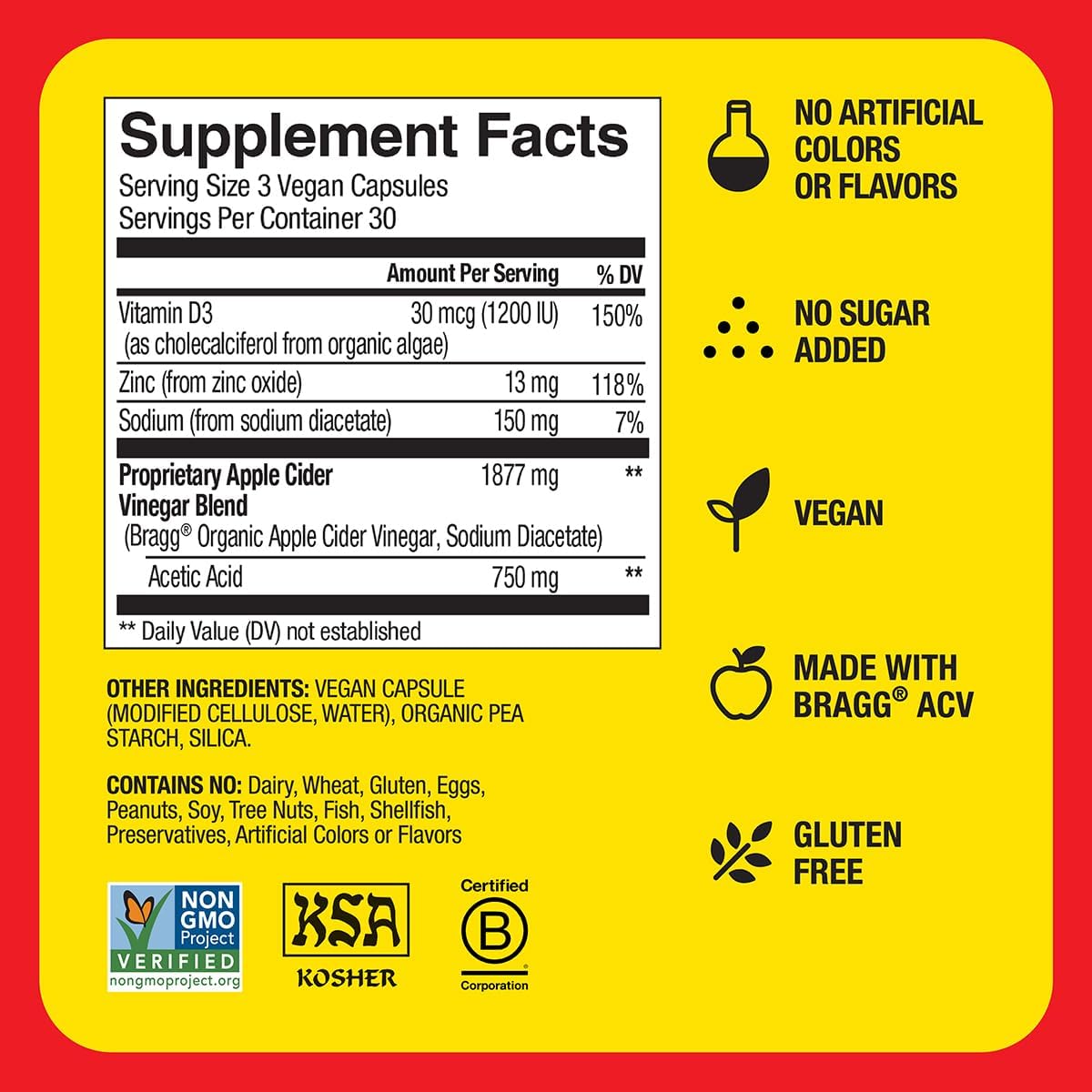 Bragg Apple Cider Vinegar Capsules - 750mg of Acetic Acid – Immune & Weight Management Support - 90 capsules