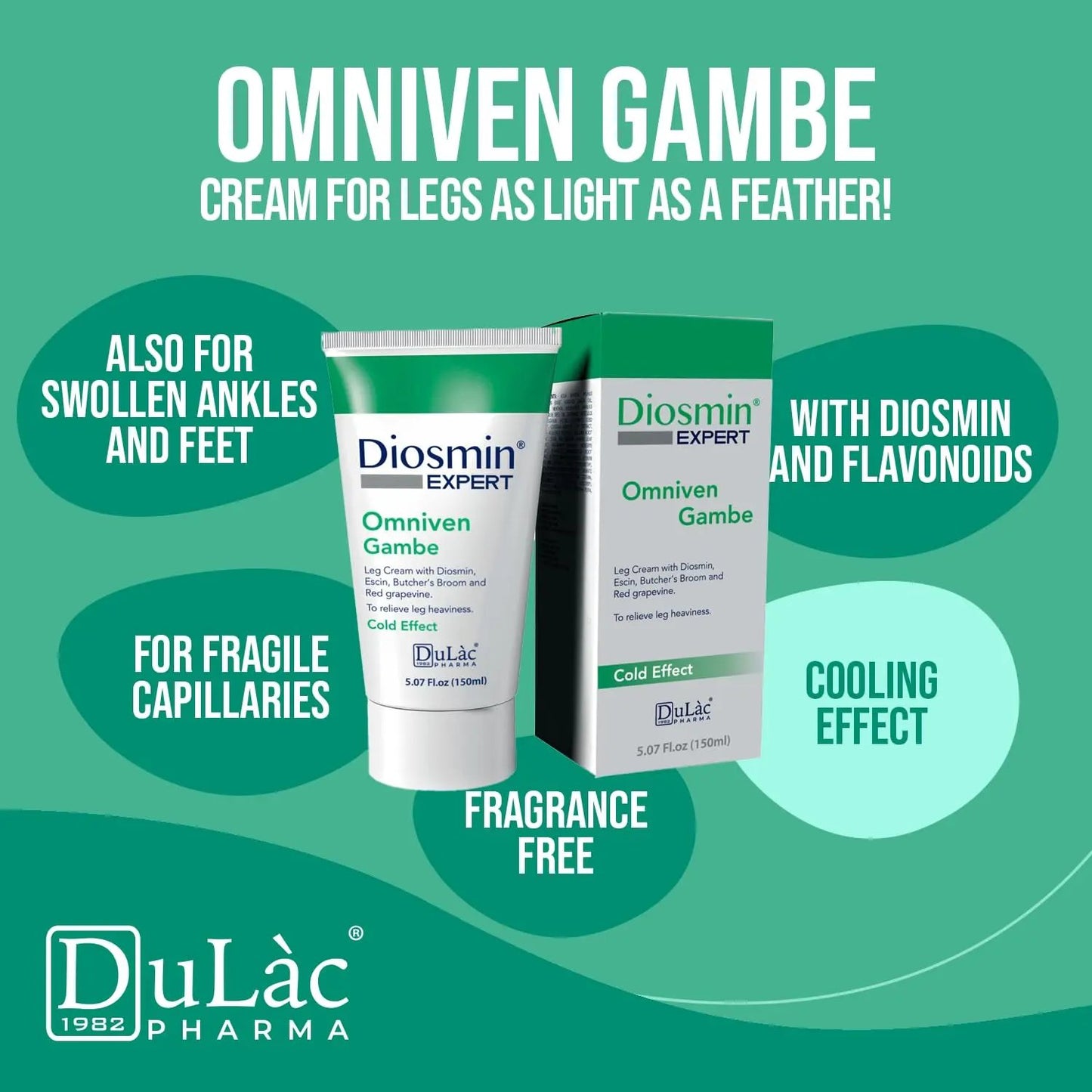 Dulàc Varicose Veins Treatment for legs, Cream for Circulation, Cooling Effect Diosmin and Horse Chestnut Cream for leg swelling relief - Relaxing Leg Cream DULÀC FARMACEUTICI 1982