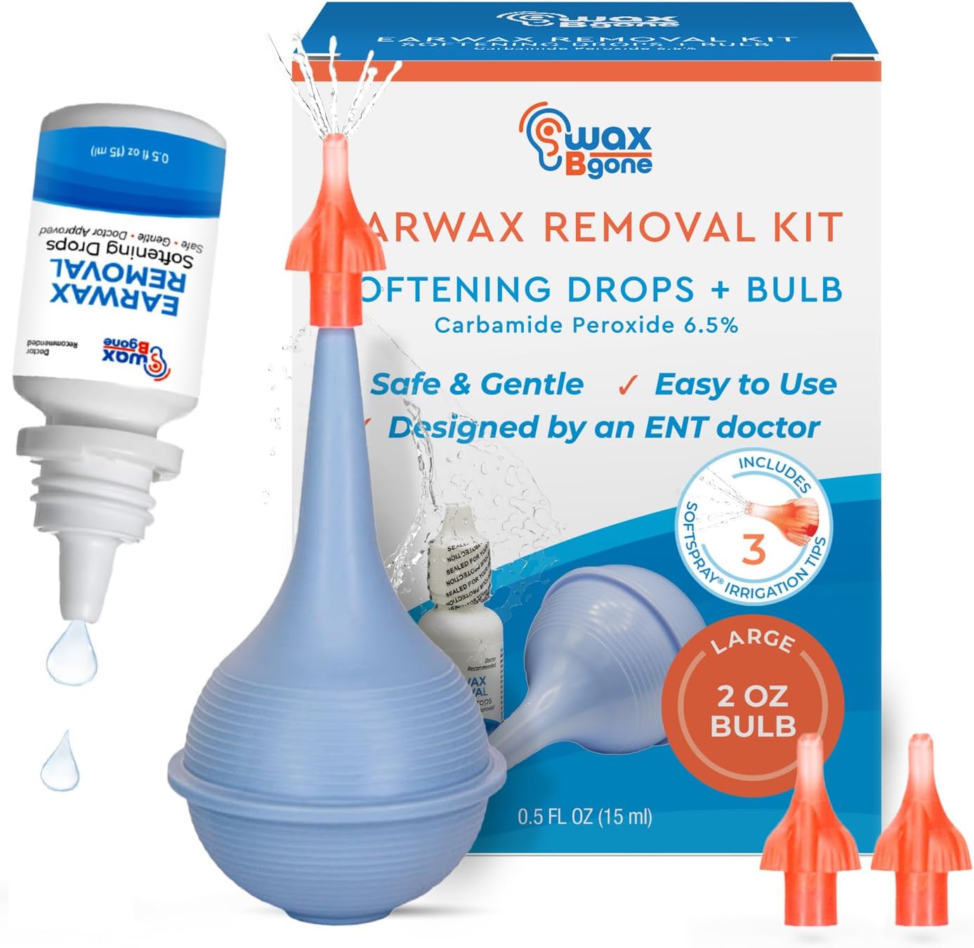 WaxBgone Earwax Removal Kit with Drops & Large 2-oz Ear Bulb Syringe - Safe & Effective Ear Cleaning Kit for Adults & Kids - Wax Softening Formula Loosens Earwax with Gentle Foaming Action - 0.5 Oz