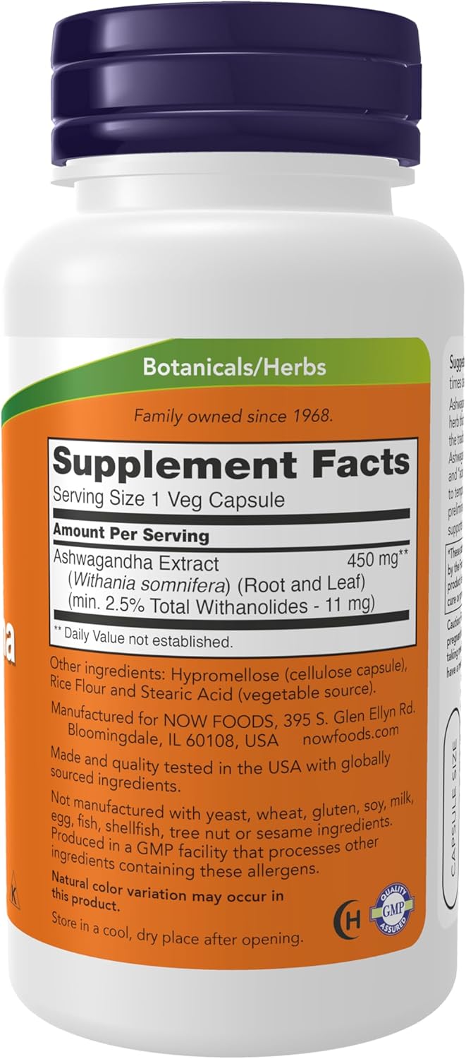 NOW Foods Supplements, Ashwagandha (Withania somnifera) 450 mg (Standardized Extract), 90 Veg Capsules