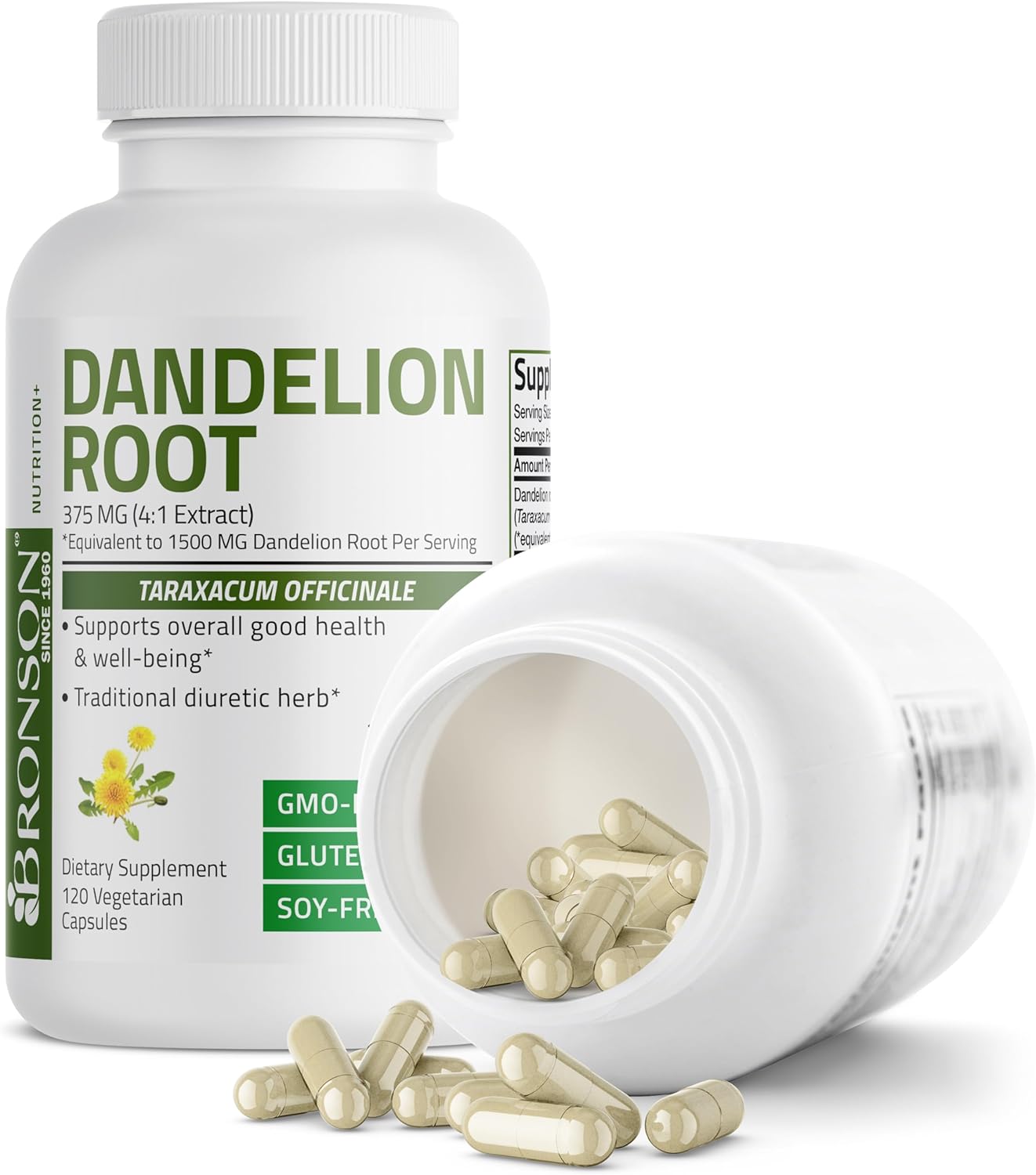 Bronson Dandelion Root 1500 MG per Serving High Potency, Supports Overall Good Health & Well-Being, Traditional Diuretic Herb - Non-GMO, 120 Vegetarian Capsules