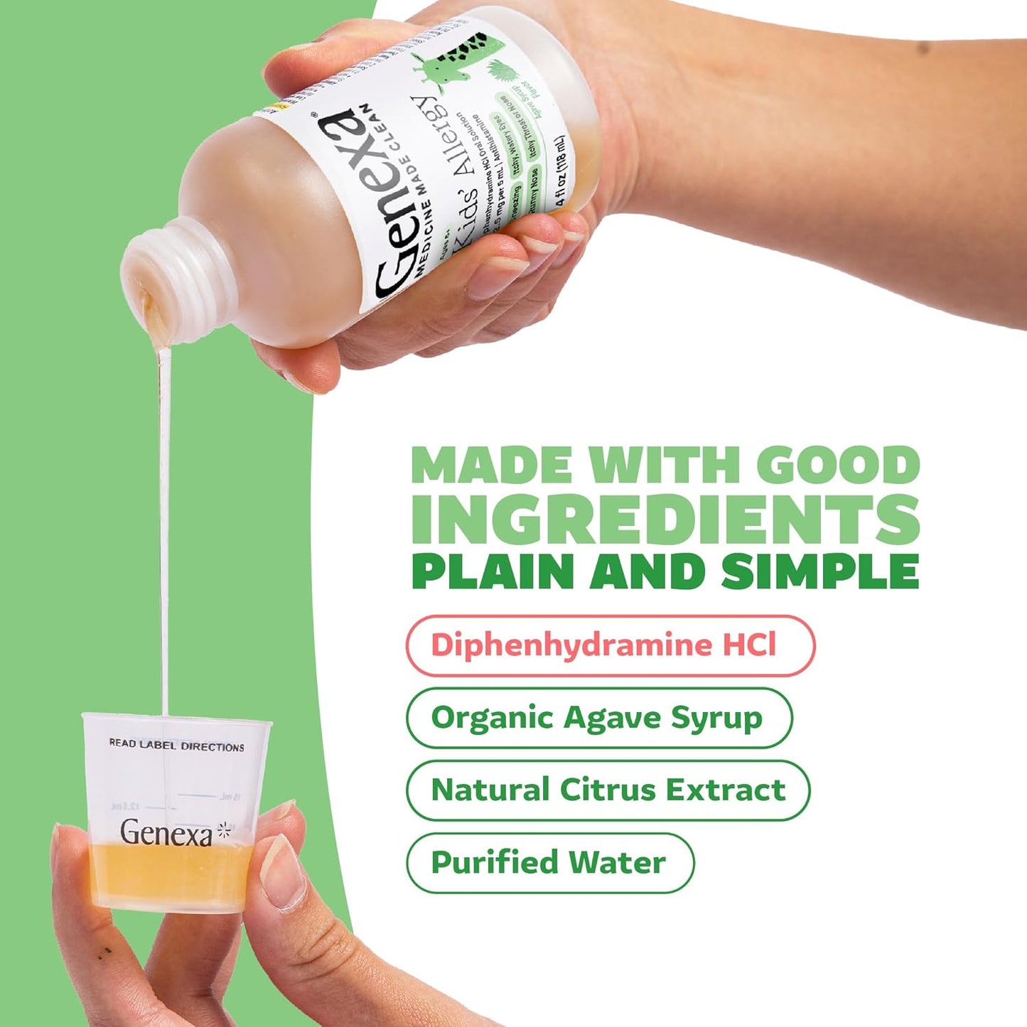 Genexa Kids' Liquid Allergy Medication - 4oz - Effective Antihistamine Medication for Children - Organic Agave Flavor - Certified Vegan, Gluten-Free.