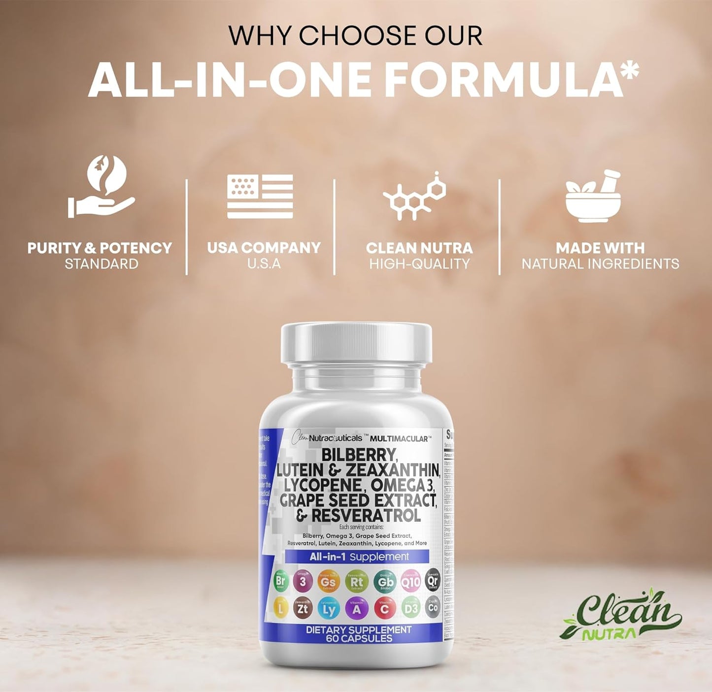 Clean Nutra All-in-1 Eye Vitamins Supplements, 60 Capsules