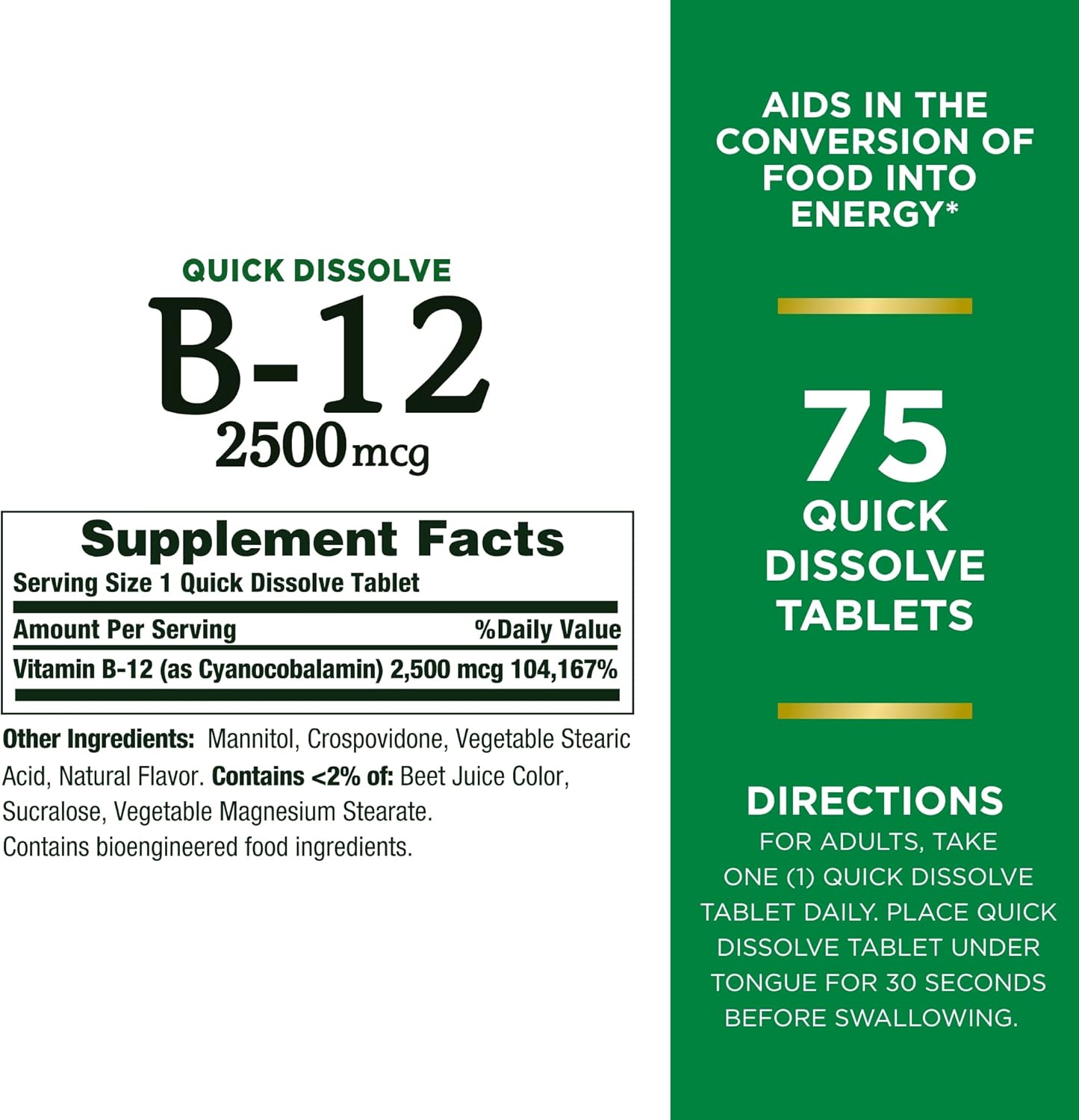Nature’s Bounty Vitamin B12 2500 mcg, Cellular Energy Support, For Energy Metabolism, Heart & Nervous System Health, 75 Quick Dissolve Tablets