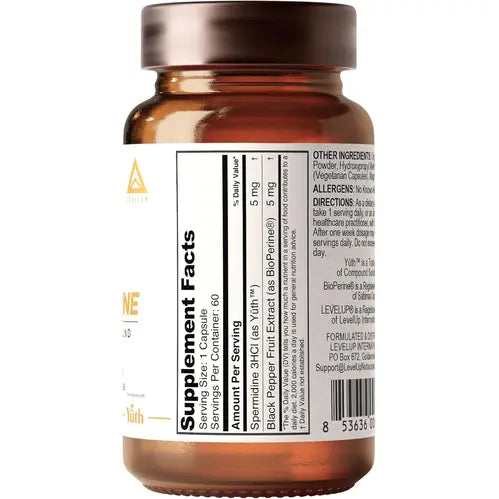 LevelUp Yuth Spermidine Capsules, 1 Researched Spermidine, 99% Concentration, 100x Potent Than Wheat Germ Extract for Anti-Aging DNA Telomere Support, 60 Count