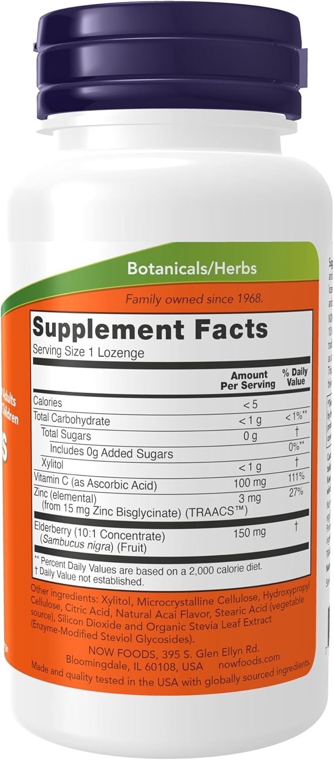 NOW Foods Supplements, Sambucus Zinc-C with Elderberry 60 Lozenges