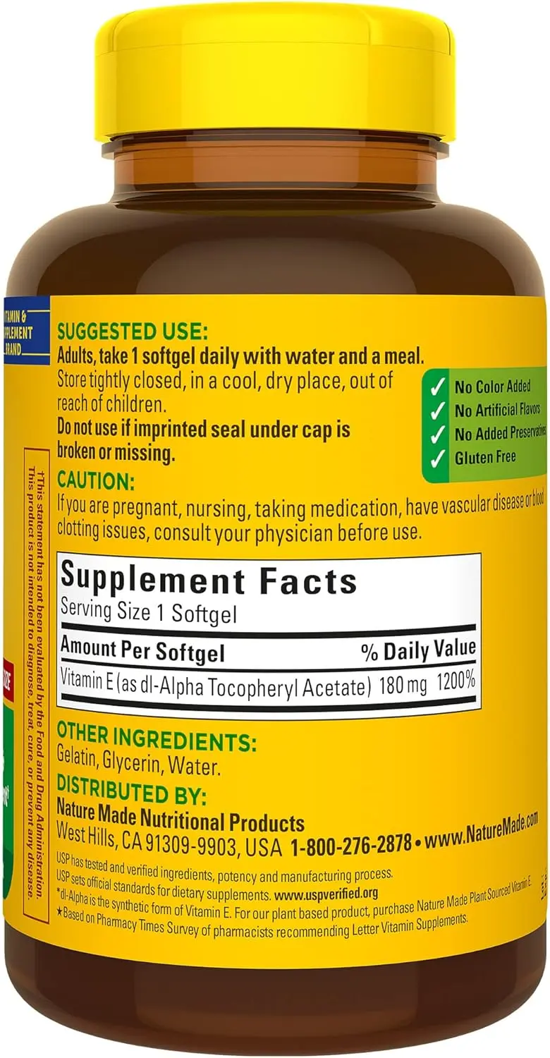 Nature Made Vitamin E 180 mg (400 IU) dl-Alpha, Dietary Supplement for Antioxidant Support, 100 Softgels, 100 Day Supply Nature Made