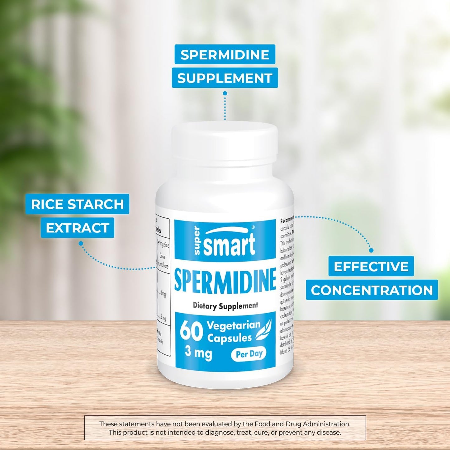 Supersmart - Spermidine 3 mg per Day - Powerful Anti Aging Supplement - Boosts Autophagy | Non-GMO & Gluten Free - 60 Vegetarian Capsules