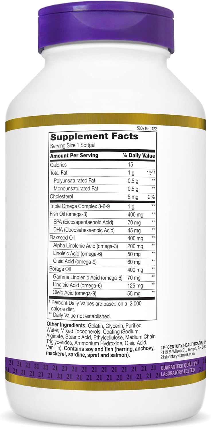 21st Century Triple Omega Complex 3 6 9 Enteric Coated Softgels, 180 Count Bottle 21st Century