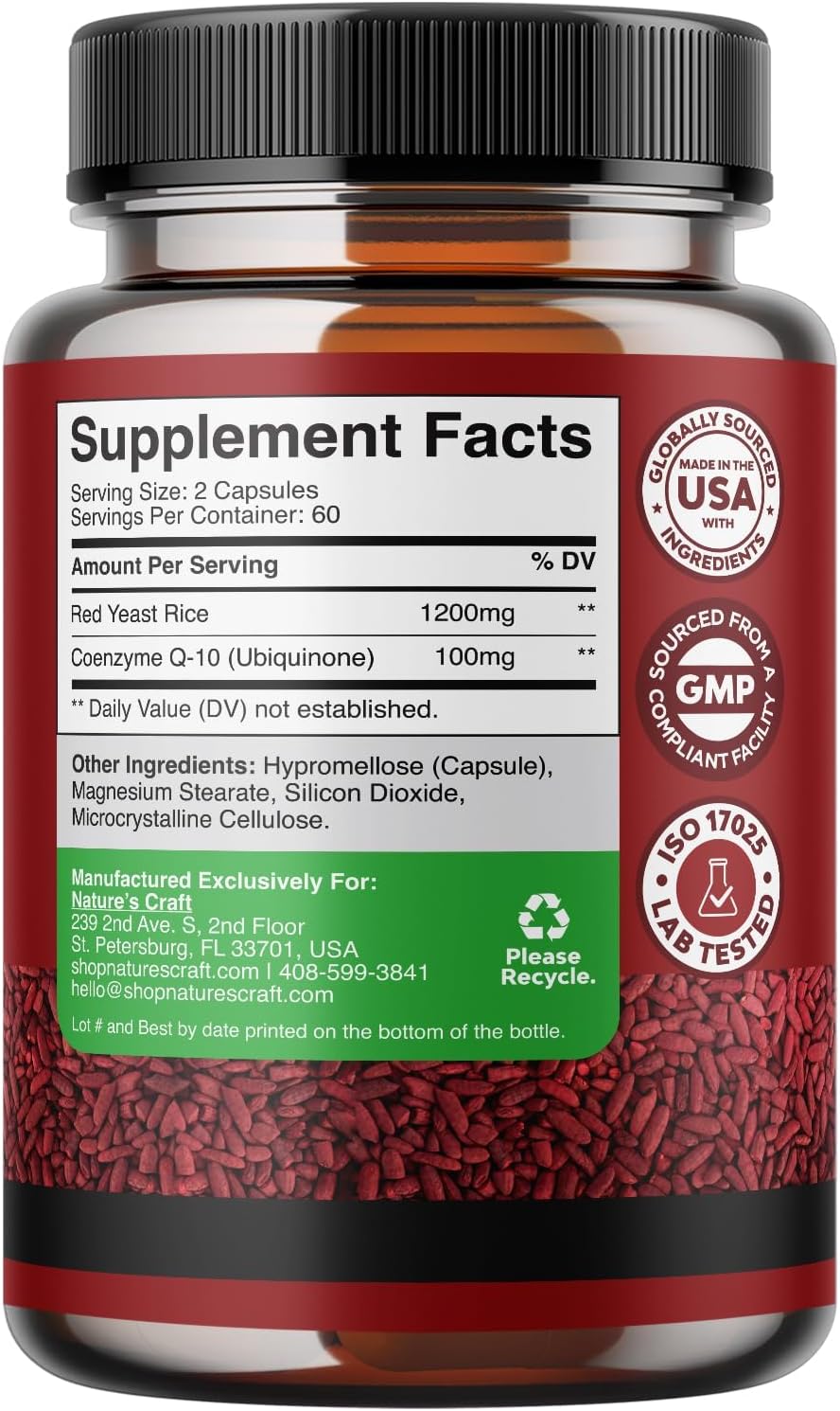 Red Yeast Rice with CoQ10 Supplement - Extra Strength Citrinin-Free Red Yeast Rice 1200 mg. Capsules with CoQ10 100mg - Naturally Occurring Monacolin K Heart Health Supplement - 120 Veggie Capsules
