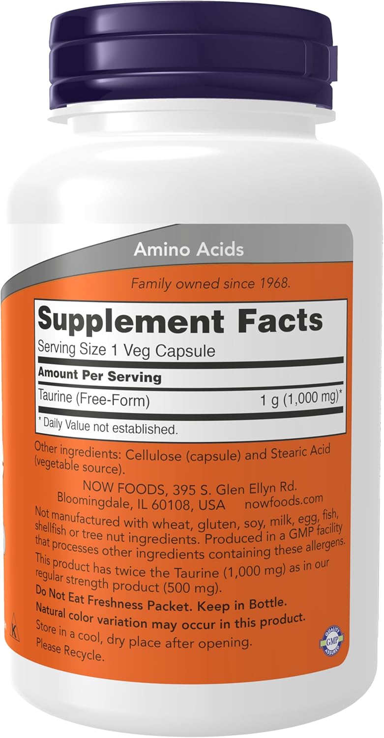 NOW Foods Supplements, Taurine 1,000 mg, Double Strength, Nervous System Health*, 100 Veg Capsules