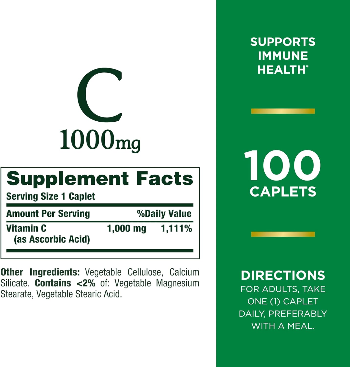 Nature's Bounty Vitamin C + Rose Hips, Immune Support, 1000mg, Coated Caplets, 100 Ct