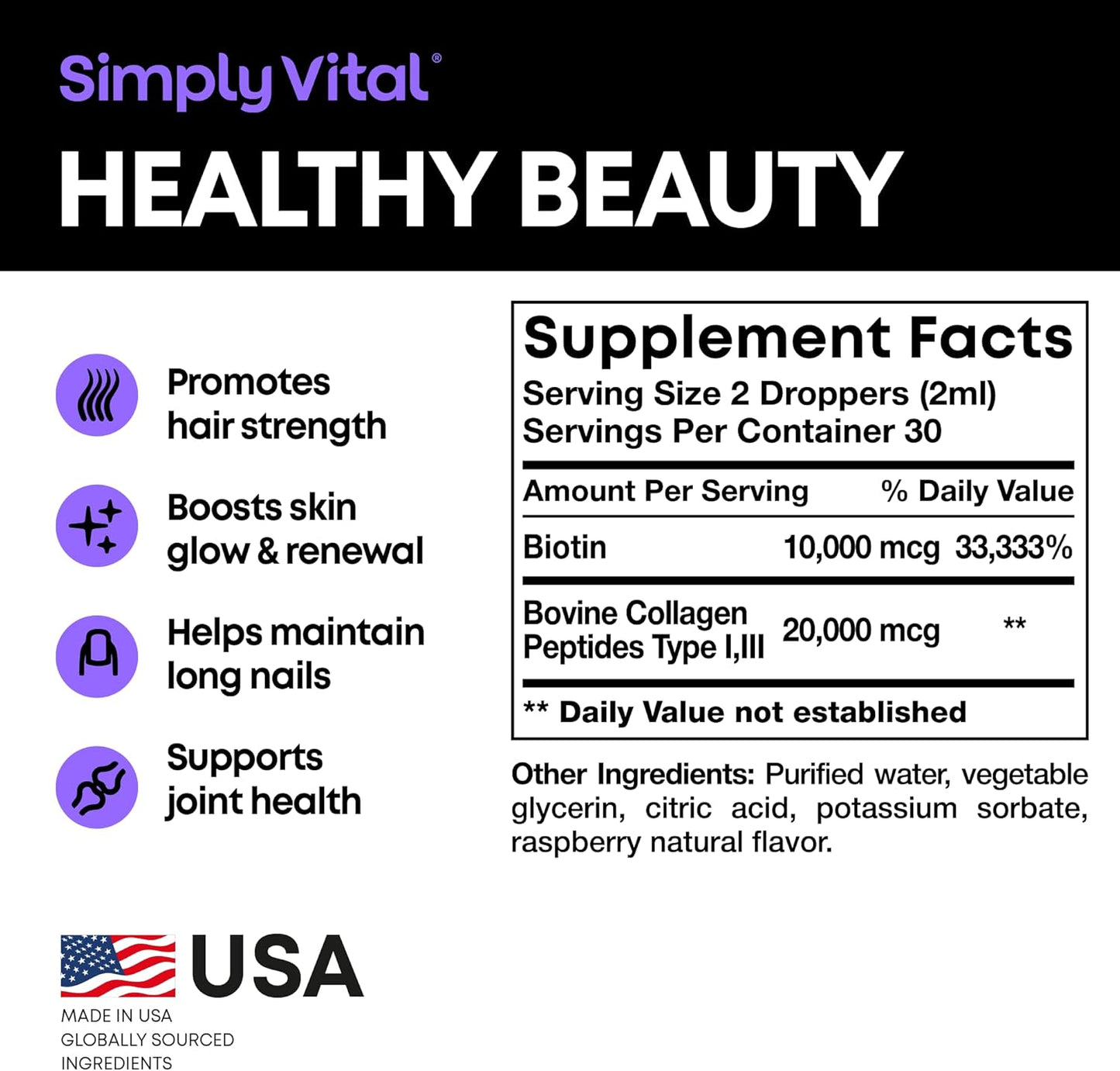 SimplyVital: Biotin & Collagen 30,000 mcg Liquid Drops for Hair, Skin, Nails for Men & Women - 2 fl oz