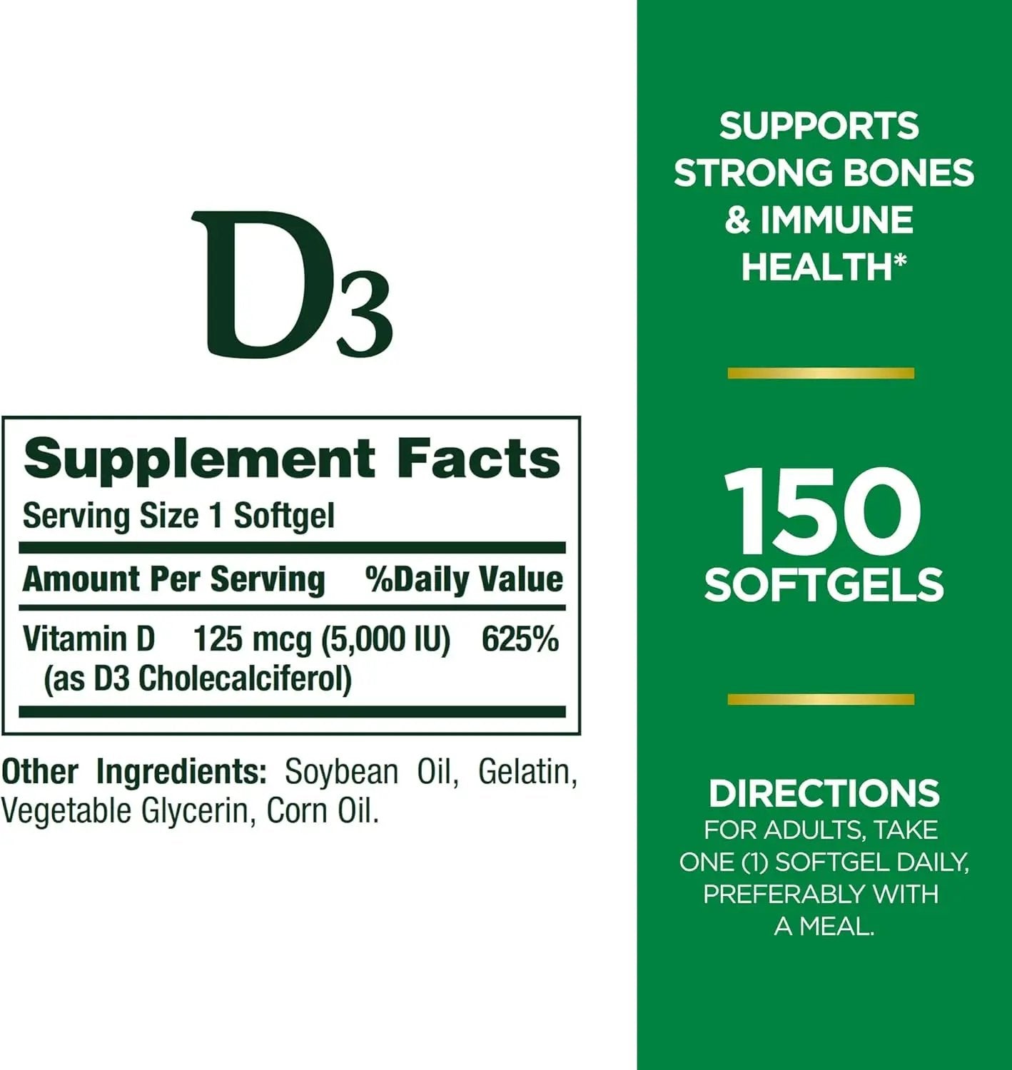Nature's Bounty Vitamin D3, Immune and Bone Support, 5000IU, Rapid Release Softgels, 150 Ct Nature's Bounty