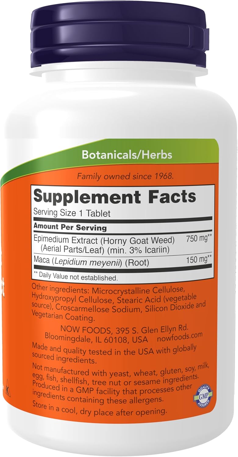 NOW Foods Supplements, Horny Goat Weed Extract 750 mg Plus 150 mg of Maca Root, 90 Tablets