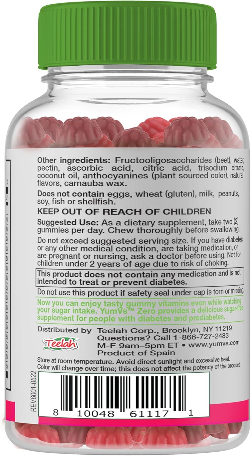 YumVs Diabetic Multivitamin Gummies | Sugar Free Diabetes Supplement Vitamins for Women & Men | Chromium, Thiamine and Magnesium | Natural Raspberry Flavor Chewables - 60 Count