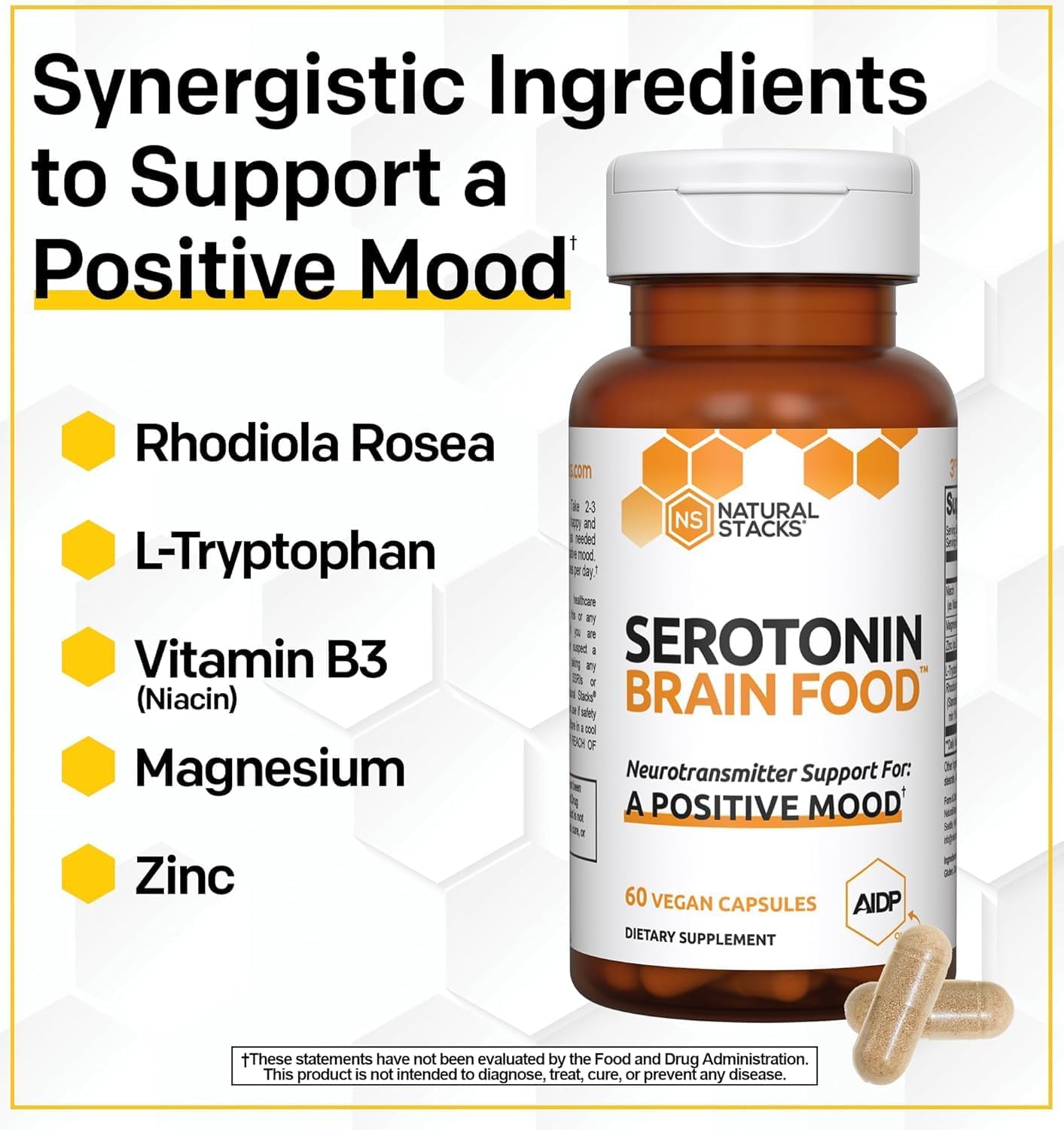 NATURAL STACKS Serotonin w/L Tryptophan & Rholiola - Mood Support & Serotonin Supplement - Promotes Positive Mood, Calmness, Increased Energy - Happy Mood & Brain Support Supplement (60ct)