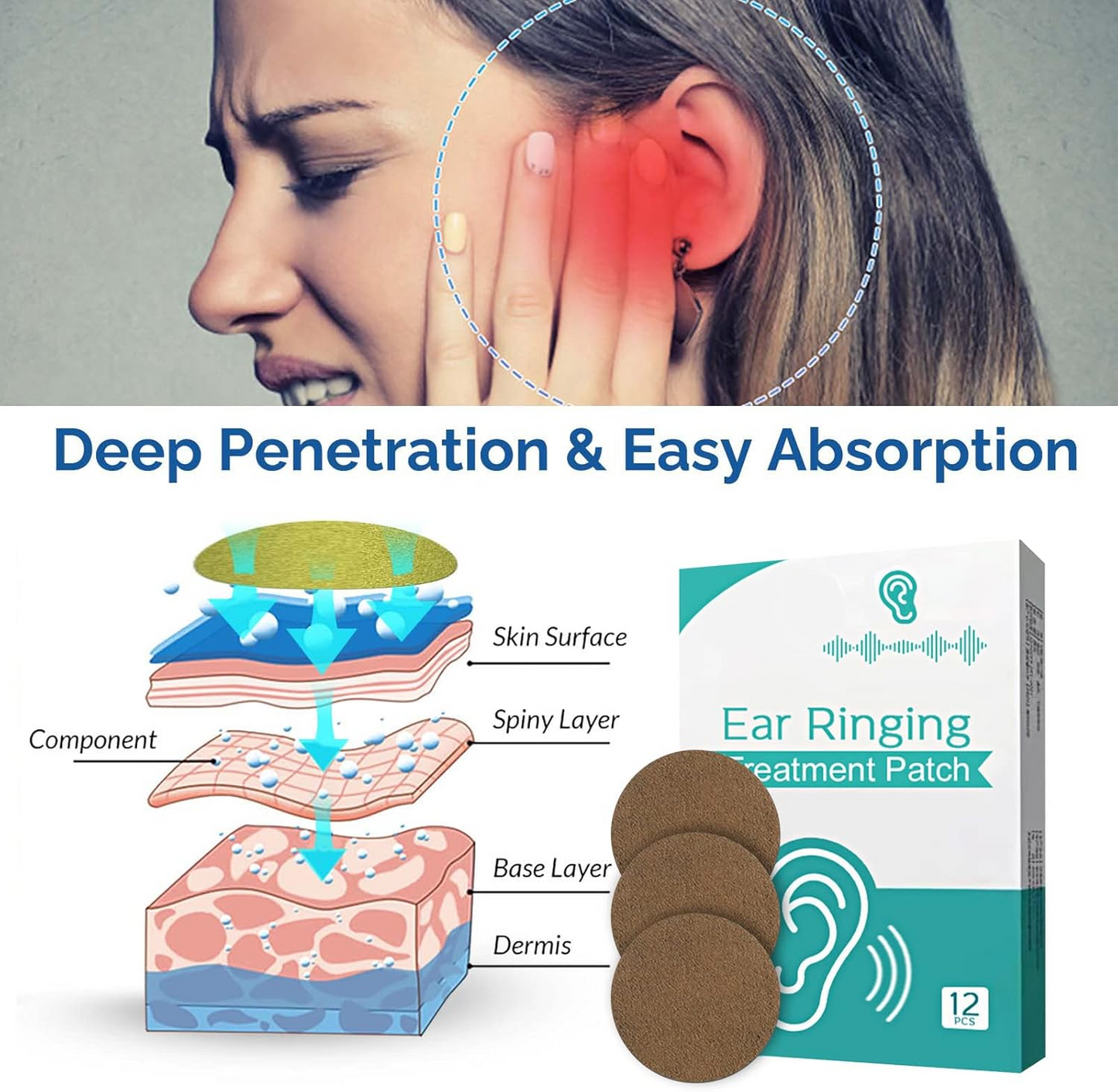 Tinnitus Relief Patches, Tinnitus Relief for Ringing Ears, Natural Herbal Formulation Tinnitus Treatment Patches for Hearing Loss & Eār_āche Relieves, Improves Hearing & Boost Blood, 12 PCS