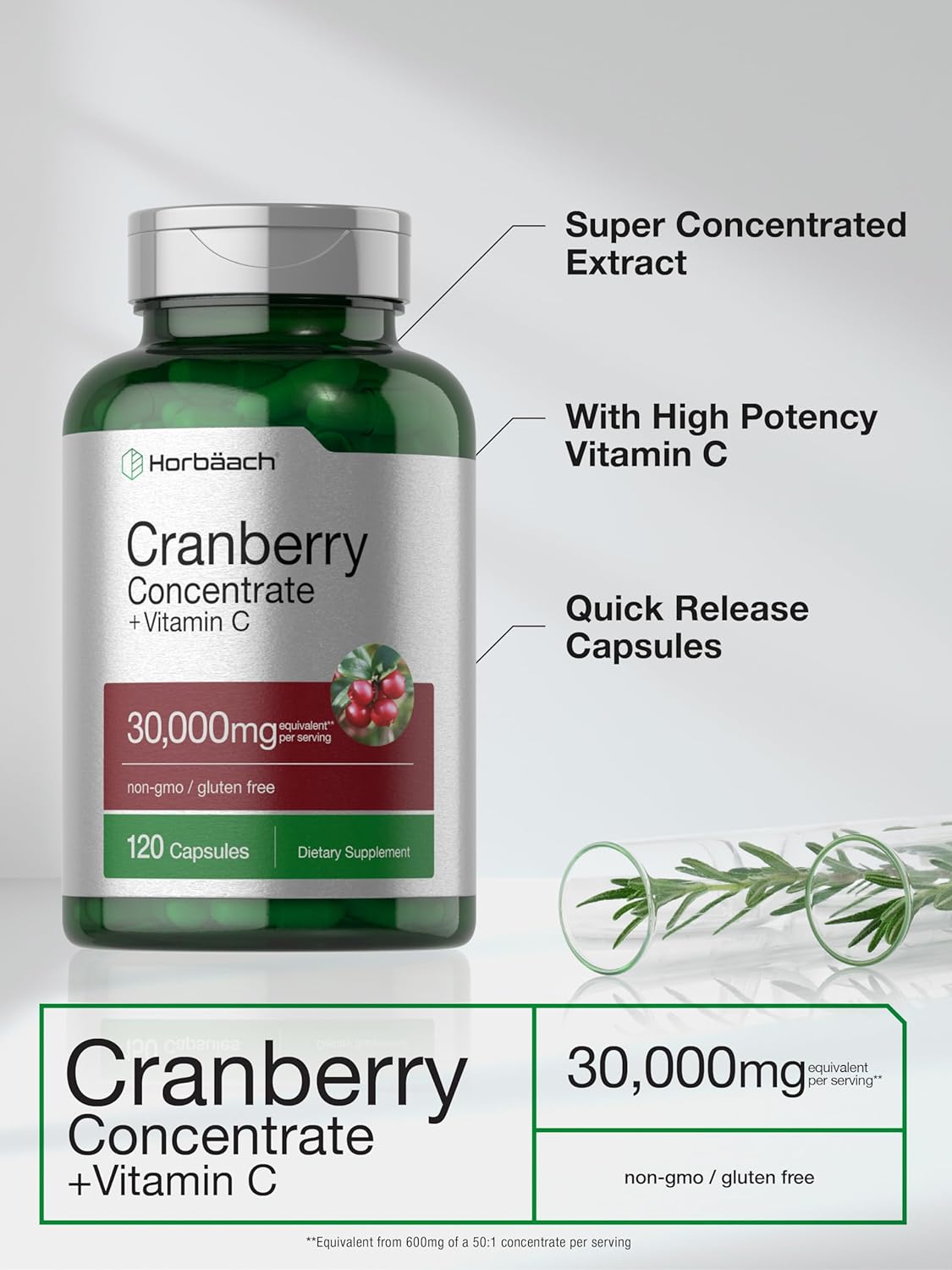 Horbäach Cranberry Concentrate Extract + Vitamin C | 15,000mg | 250 Capsules | Triple Strength Ultimate Potency Formula | Non-GMO and Gluten Free Cranberry Pills Supplement