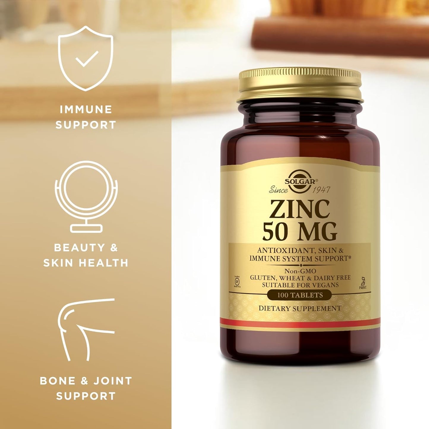 SOLGAR, Zinc for Healthy Skin, Taste & Vision - Immune System & Antioxidant Support - Supports Cell Growth & DNA Formation - Non GMO, Vegan, Gluten Free - 100 Servings