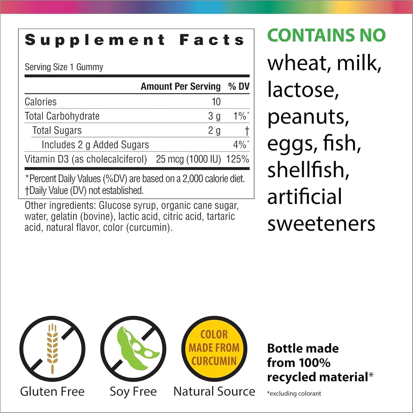 Rainbow Light D Gummies, Sunny Gummies, Vitamin D3 1,000 IU, Gluten Free, Protects Immune System Health, Lemon, 100 Gummies