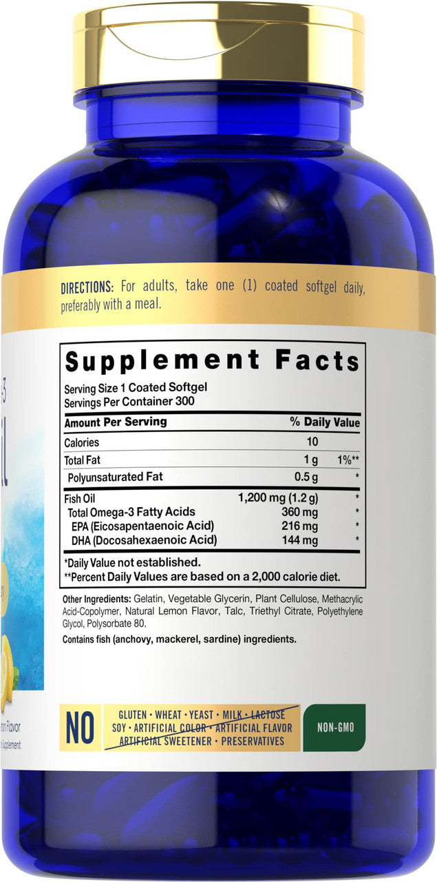 Burpless Fish Oil 1200 mg | 300 Softgels | with 360 mg Omega-3 Fatty Acids | Natural Lemon Flavor | Non-GMO, Gluten Free Supplement