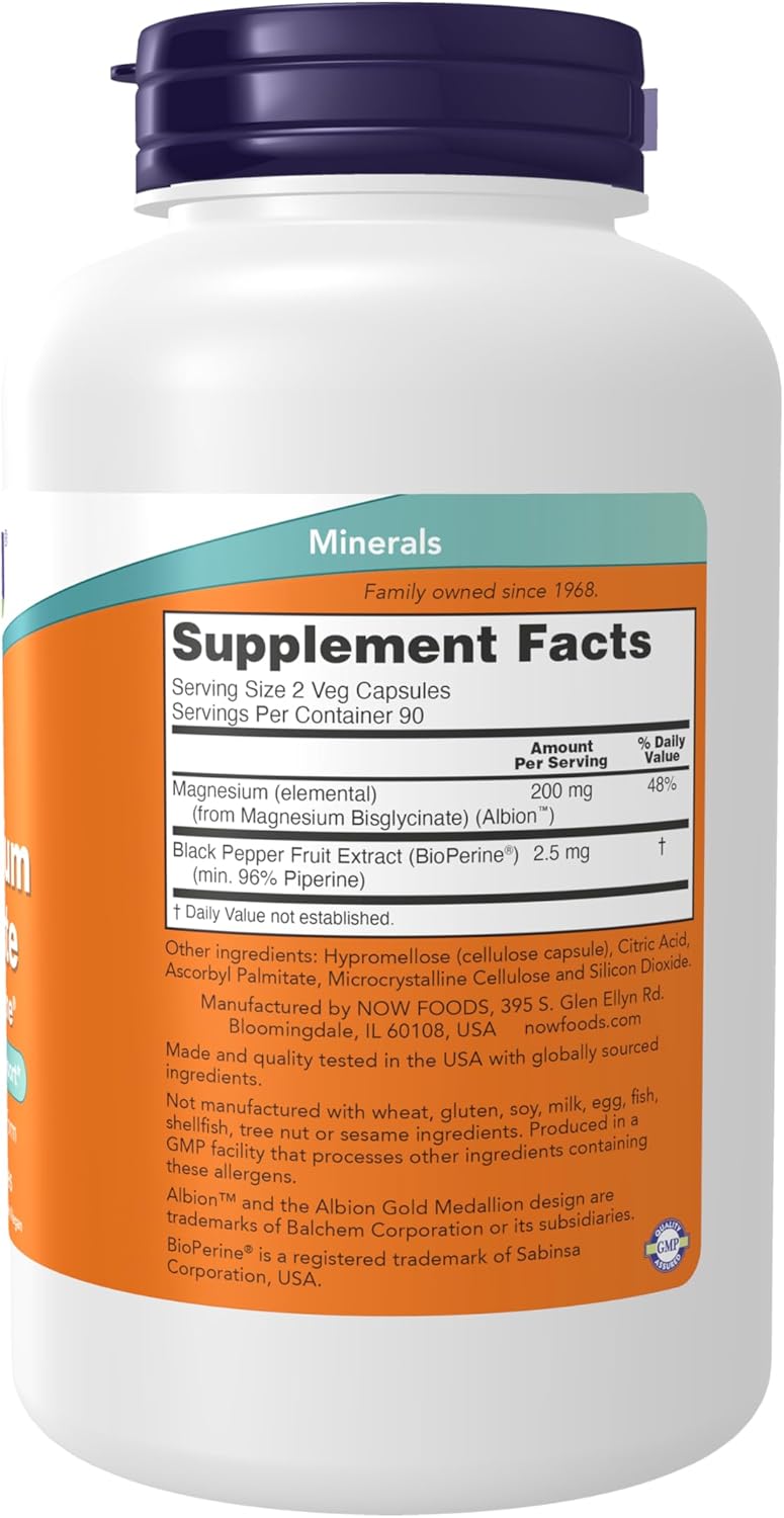 NOW Foods, Magnesium Glycinate With BioPerine®, 180 Veg Capsules