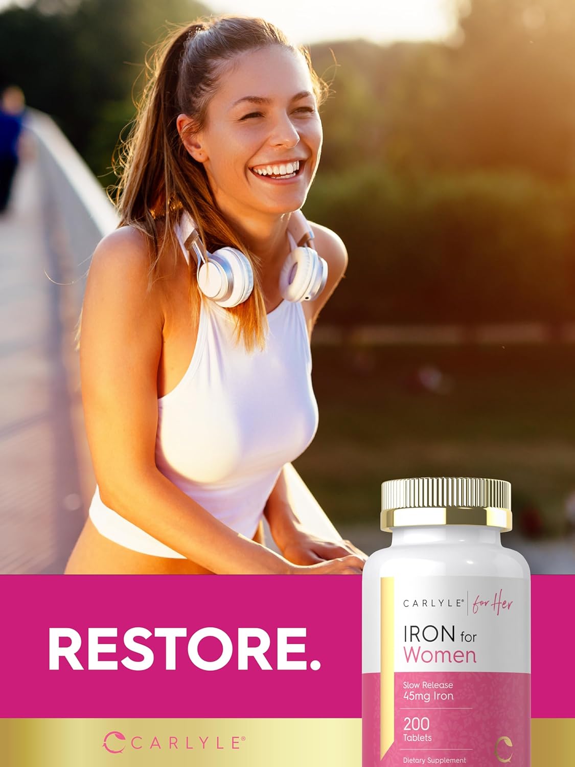 CARLYLE Iron Supplement for Women 45mg | 200 Tablets | Vegetarian, Non-GMO, Gluten Free, Slow Release Pills