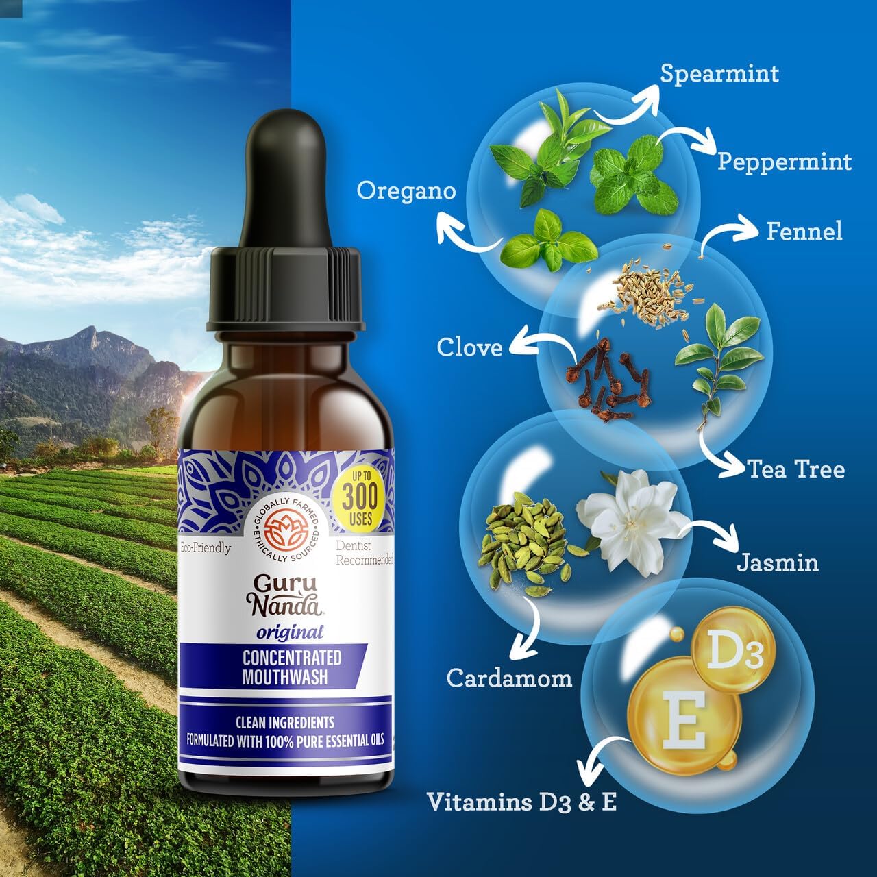 GuruNanda Concentrated Mouthwash, Helps with Bad Breath, Promotes Teeth Whitening, Made with 100% Natural Essential Oils, 1 Bottle Equals 300 Rinse
