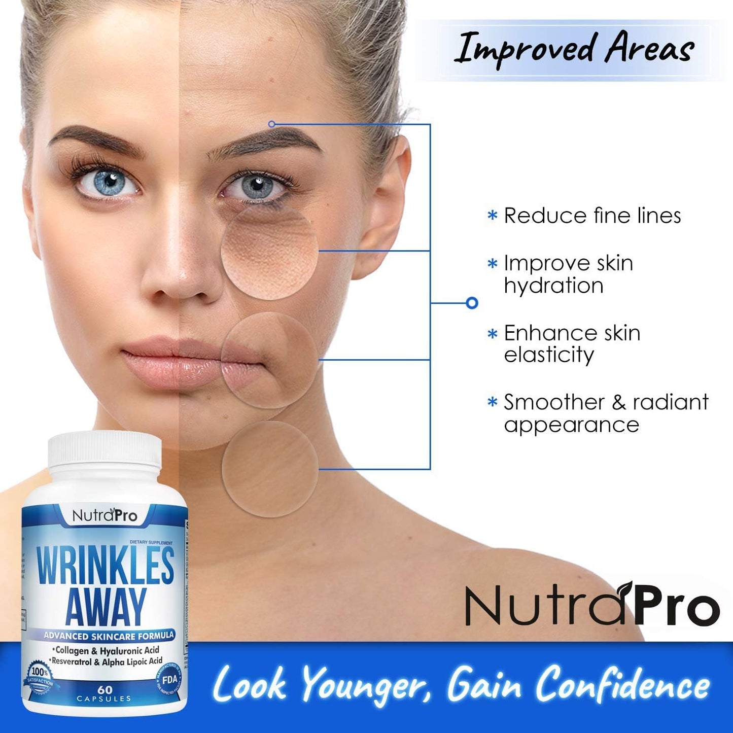 NutraPro Anti Wrinkles and Fine Lines Skin Vitamins + Derma Skin Supplement for Hydrated, Glowing Skin