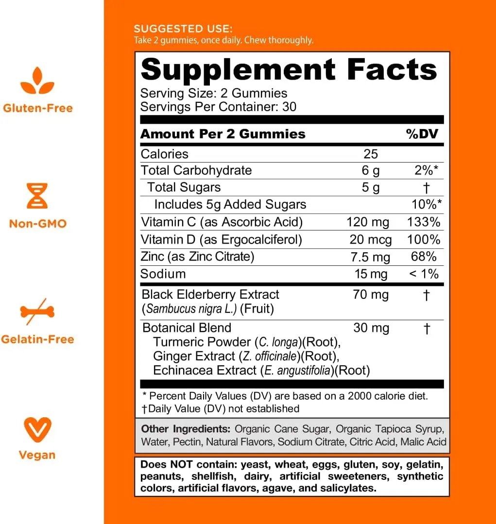 Goli Immune Gummy Vitamin - 60 Count - Elderberry, Vitamin C, D & Zinc, Vegan, Non-GMO, Gluten-Free & Gelatin-Free GOLI