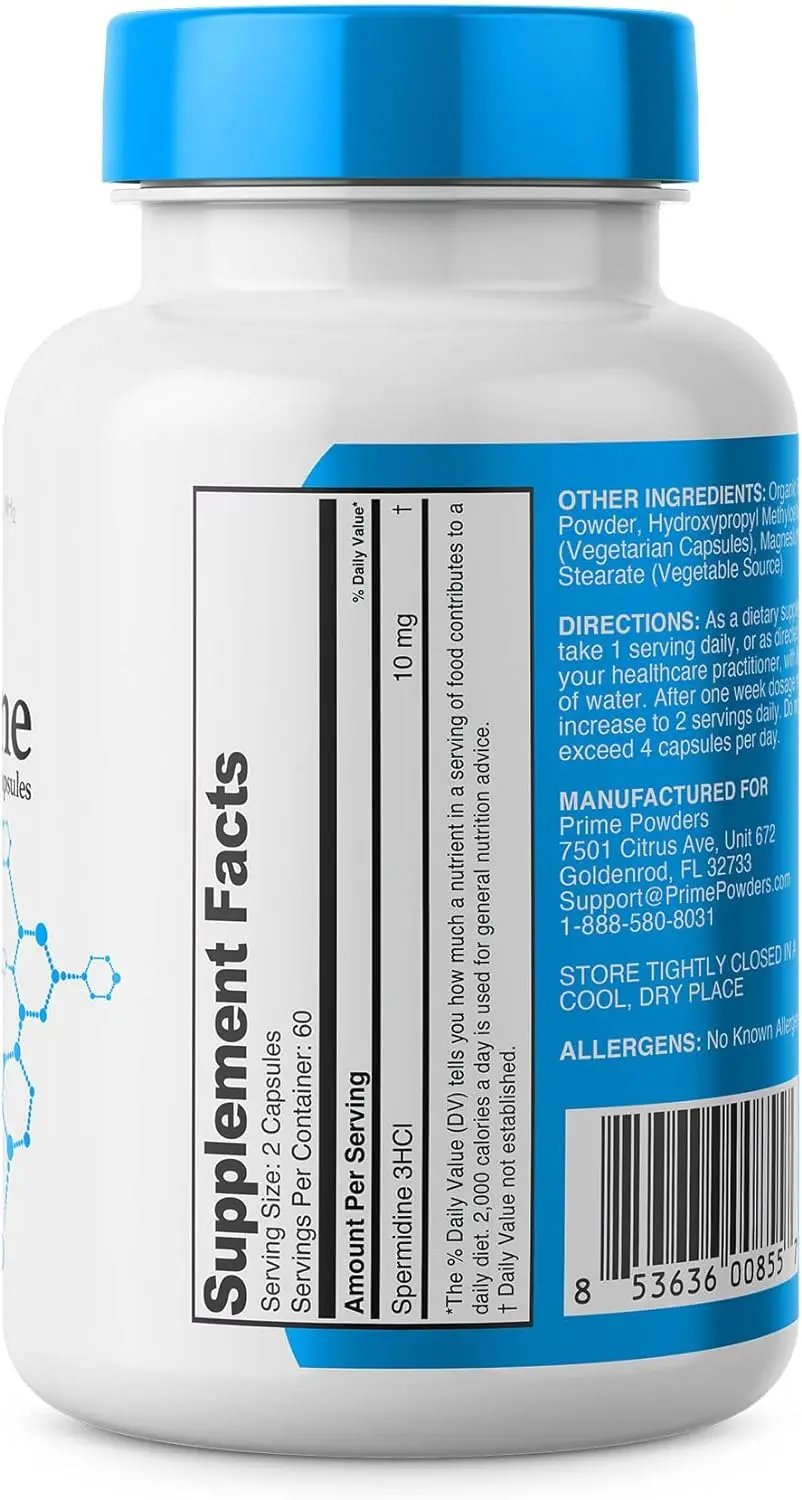 Prime Powders Spermidine Capsules, 99% Concentration 100x More Potent Than Wheat Germ Extract for Anti-Aging DNA Telomere Support Prime Powders